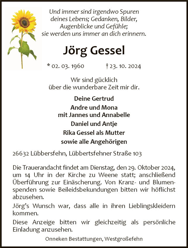 Traueranzeige von Jörg Gessel