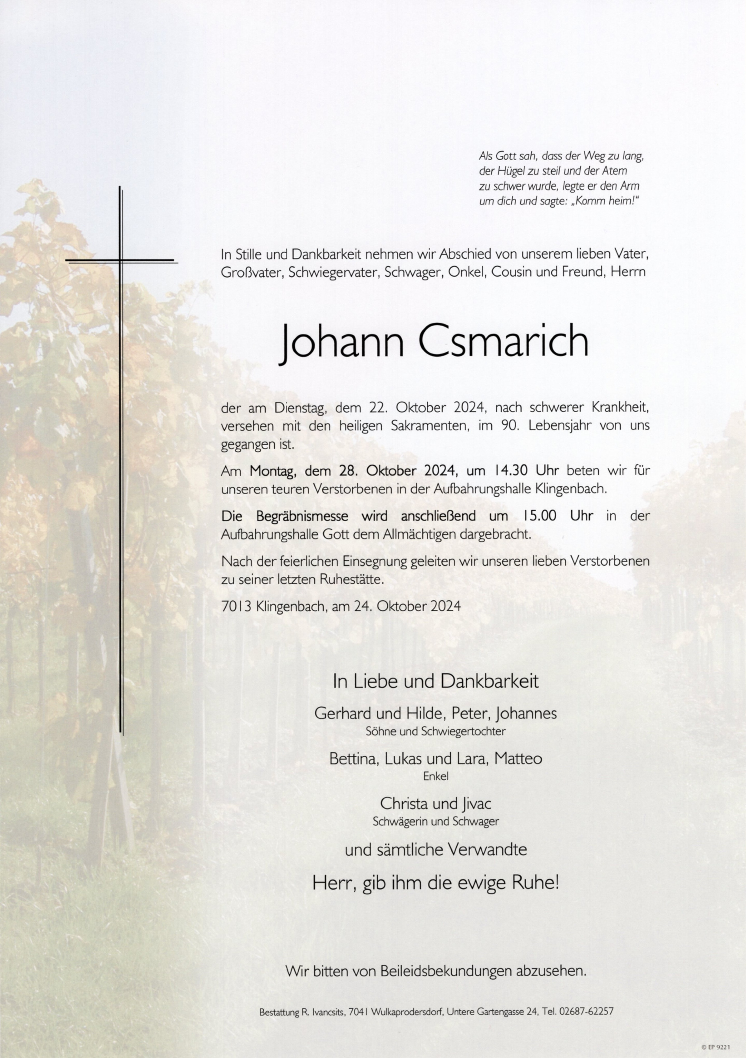 Traueranzeige von Johann Csmarich
