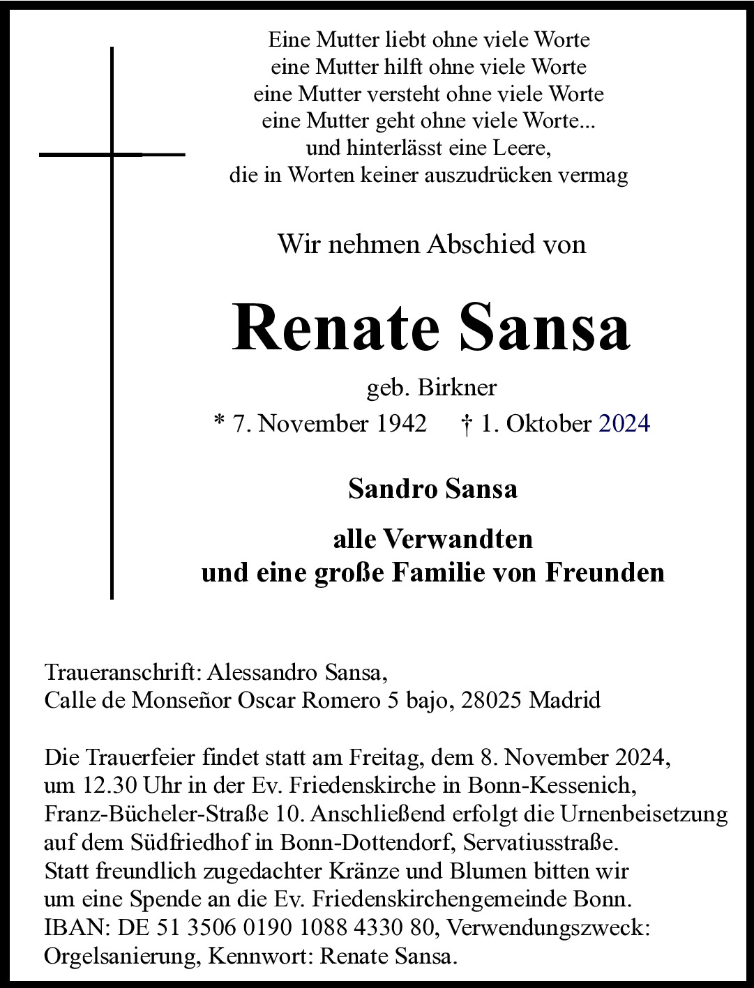 Traueranzeige von Renata Sansa