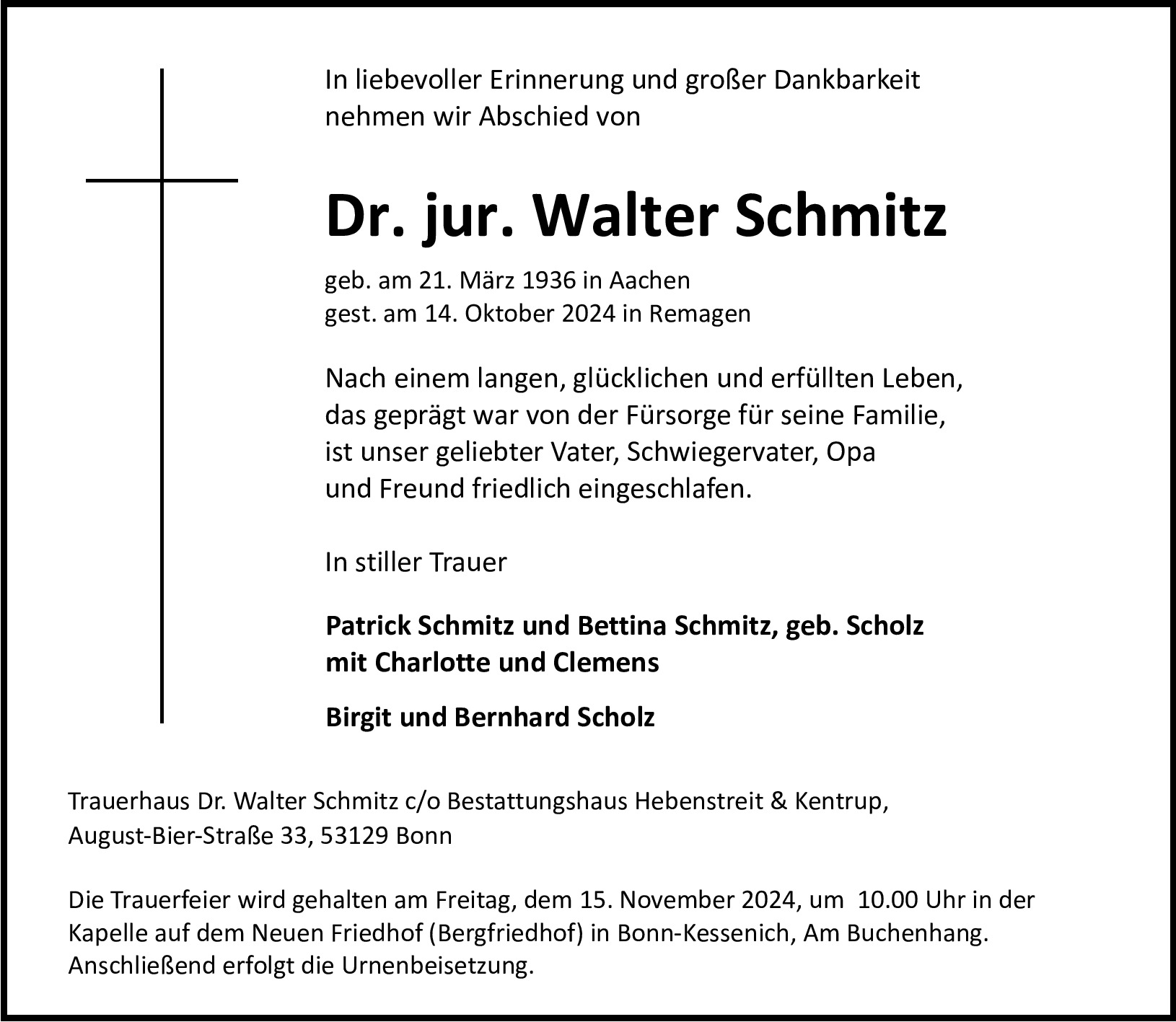 Traueranzeige von Dr. jur. Walter Schmitz
