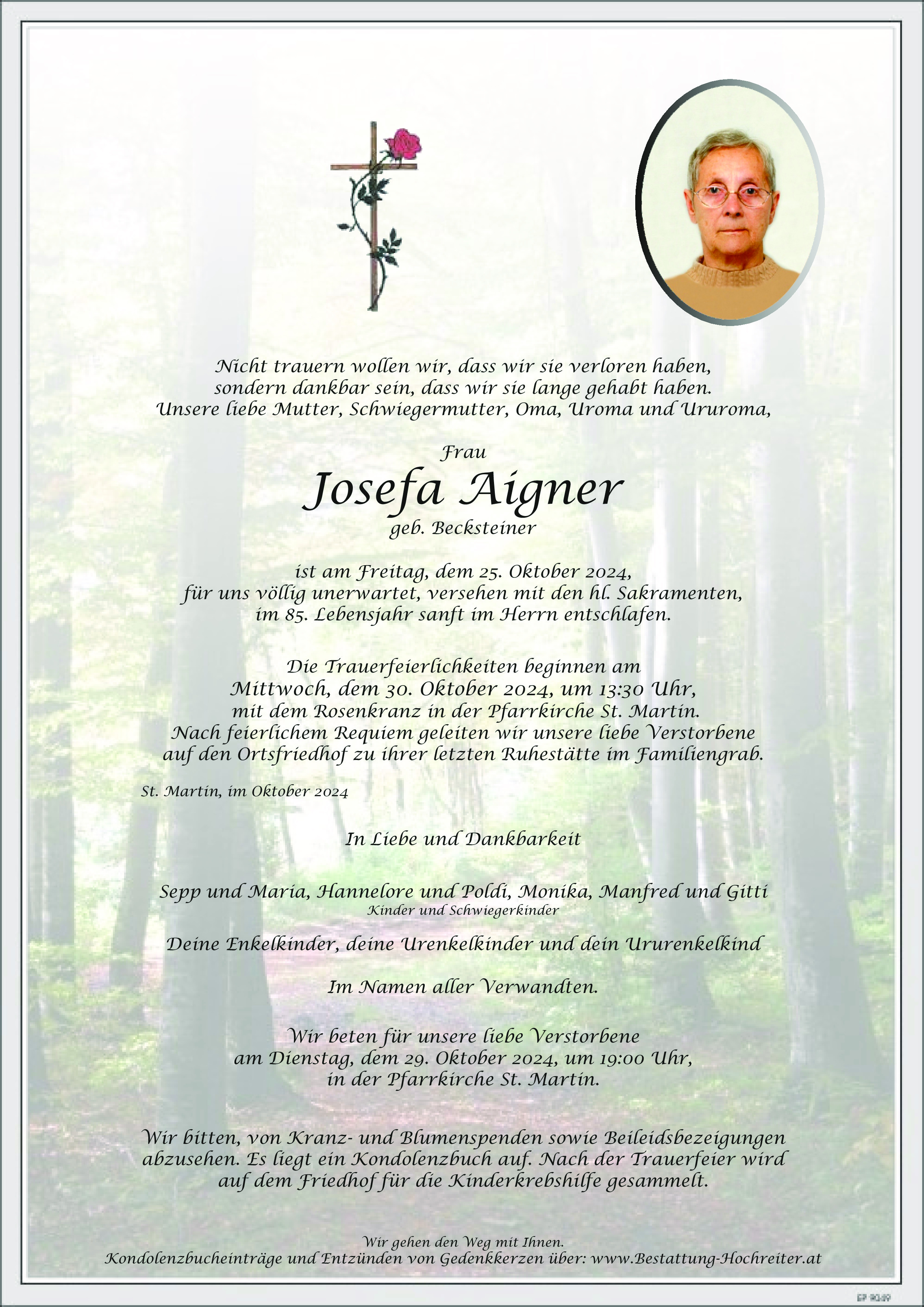Traueranzeige von Josefa Aigner