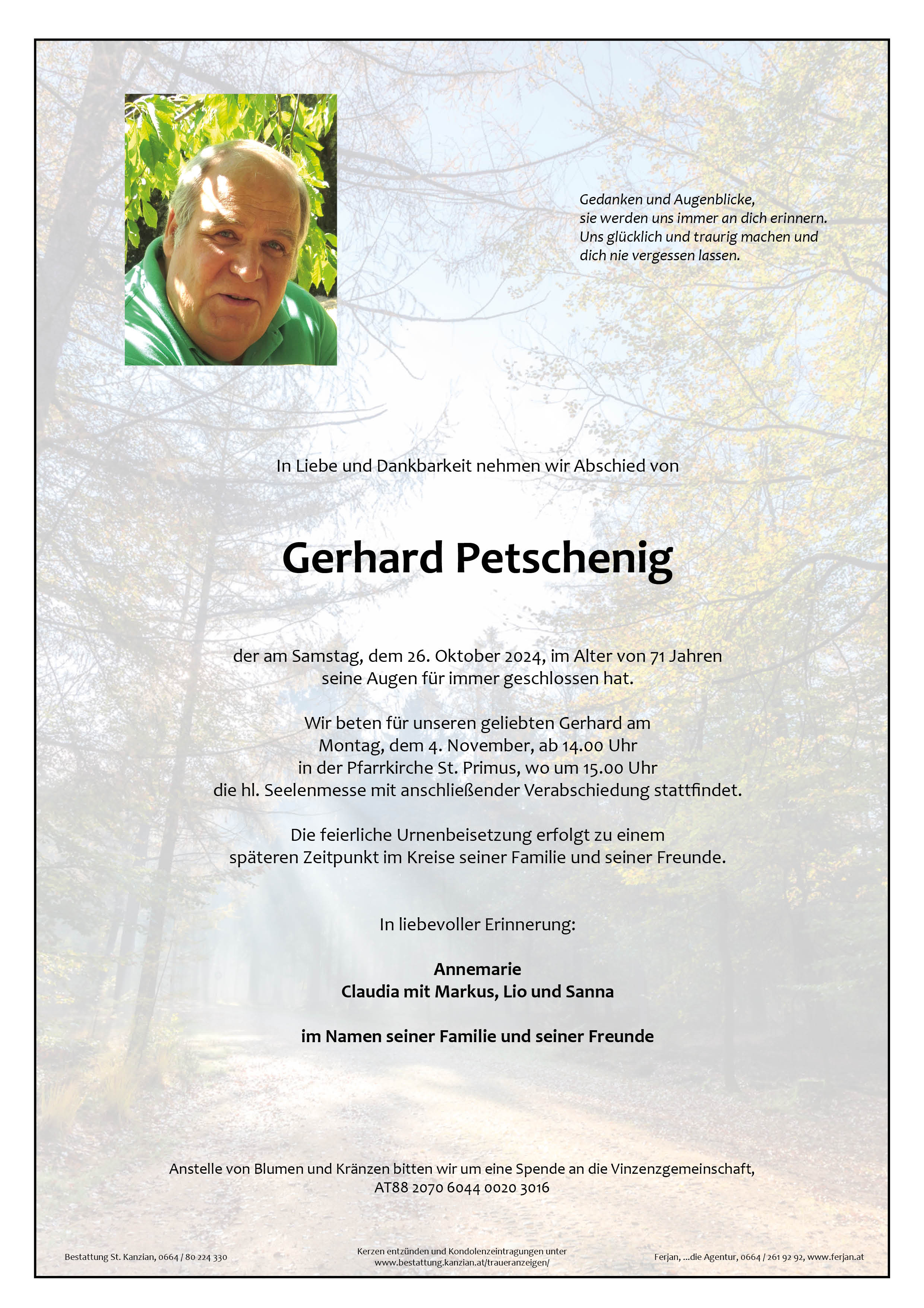 Traueranzeige von Gerhard Petschenig