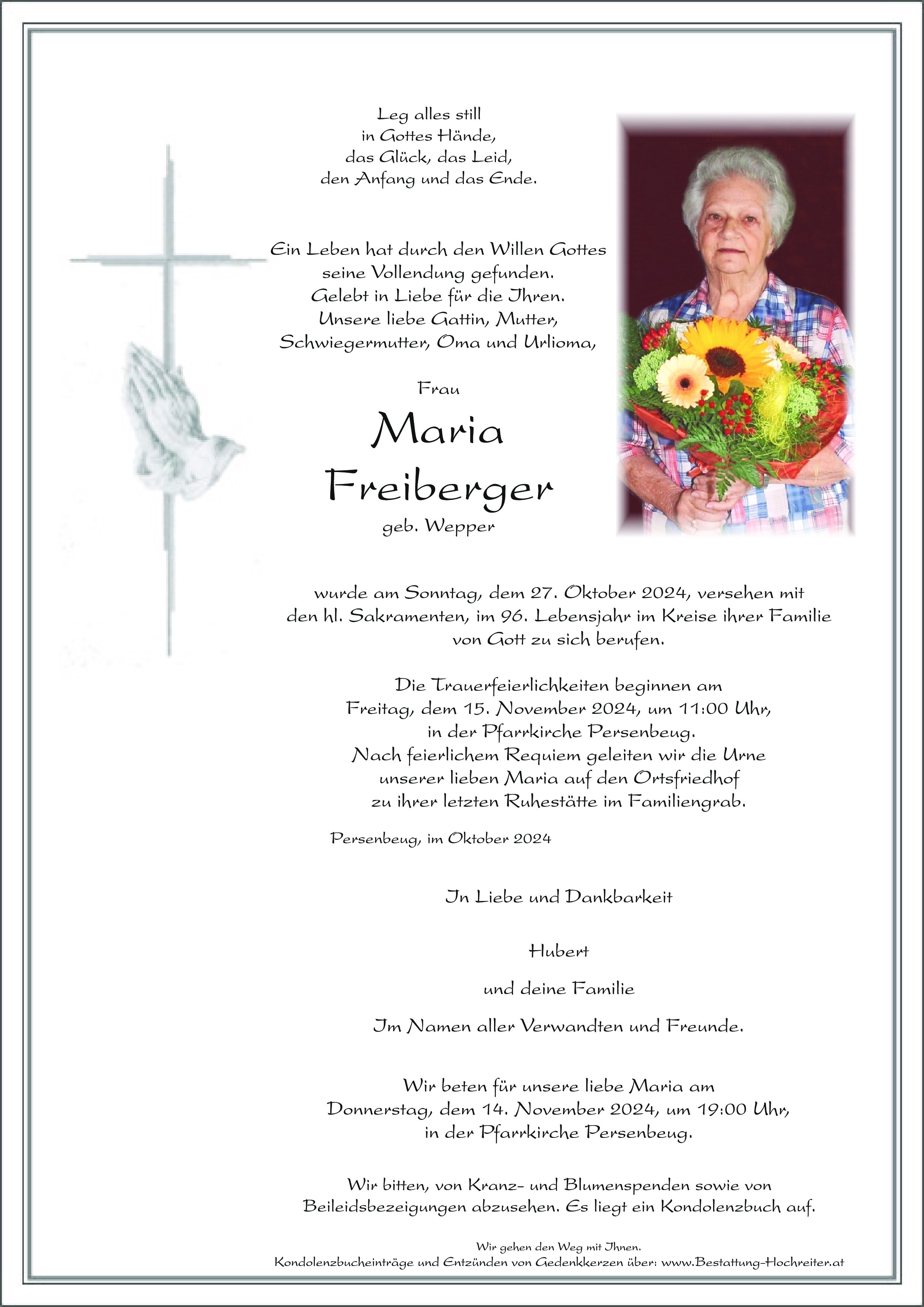 Traueranzeige von Maria Freiberger