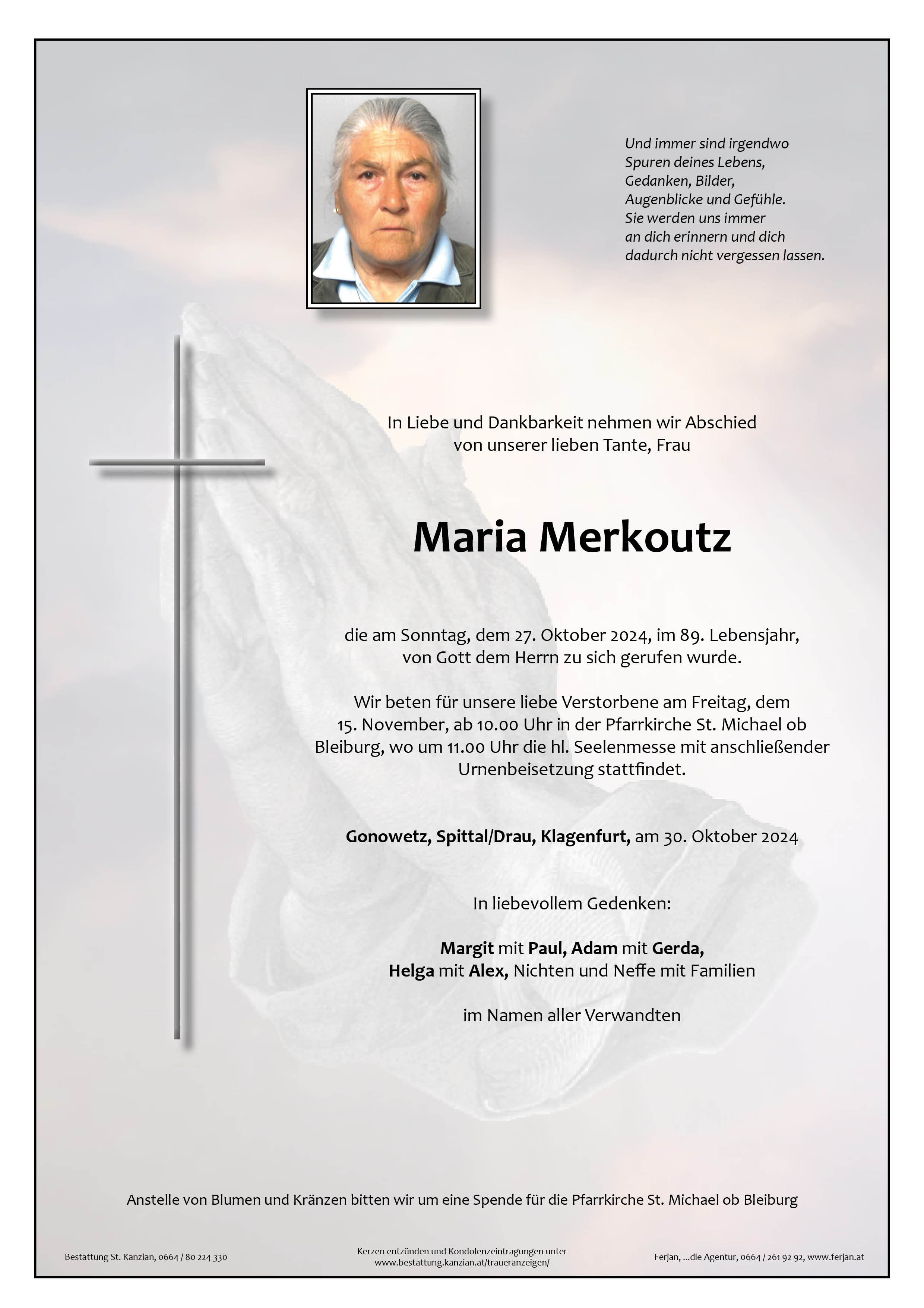 Traueranzeige von Maria Merkoutz