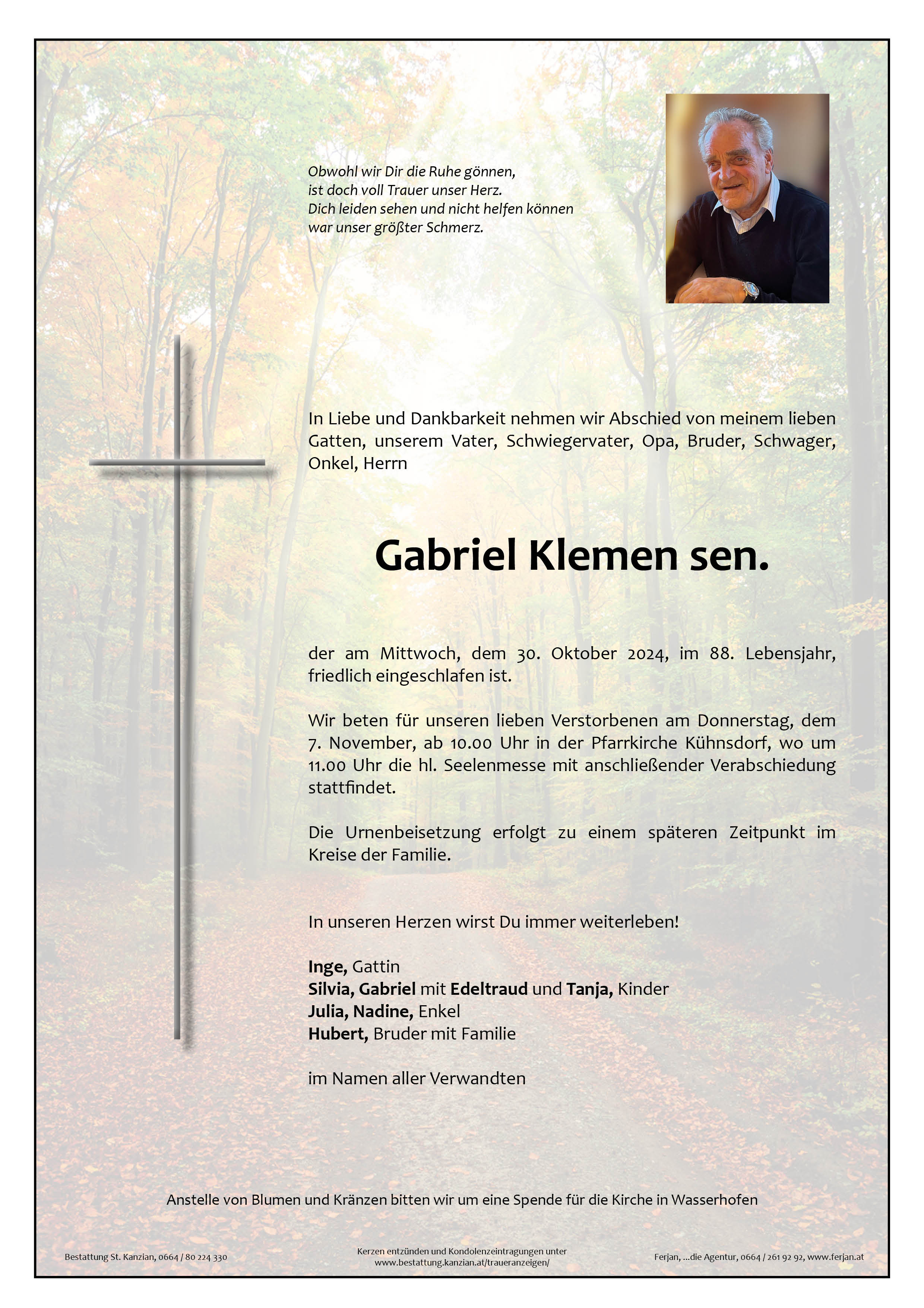Traueranzeige von Gabriel Klemen sen.