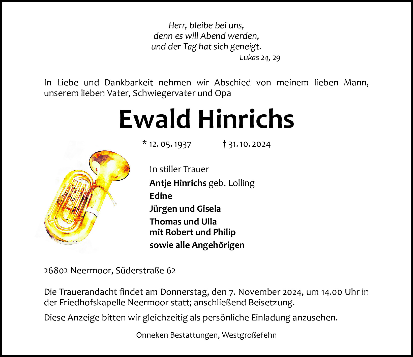 Traueranzeige von Ewald Hinrichs