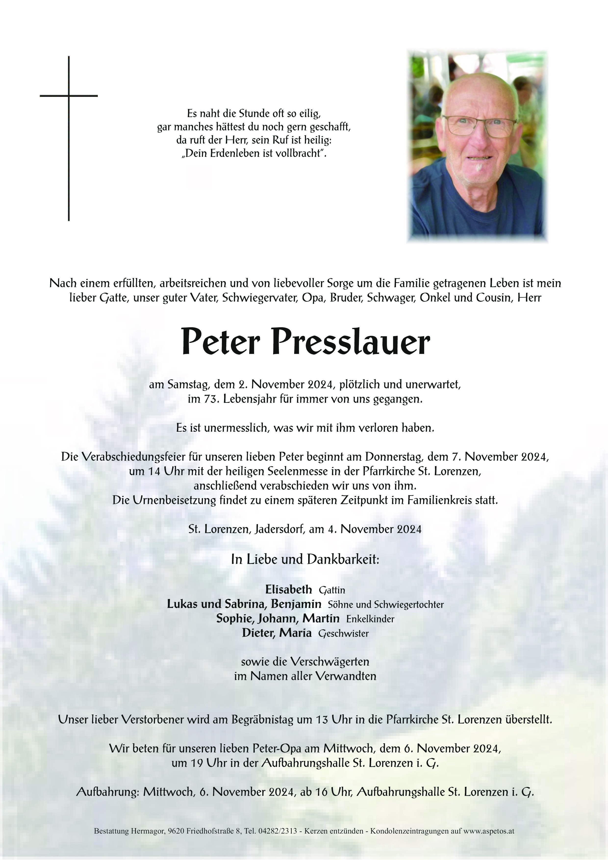 Traueranzeige von Peter Presslauer