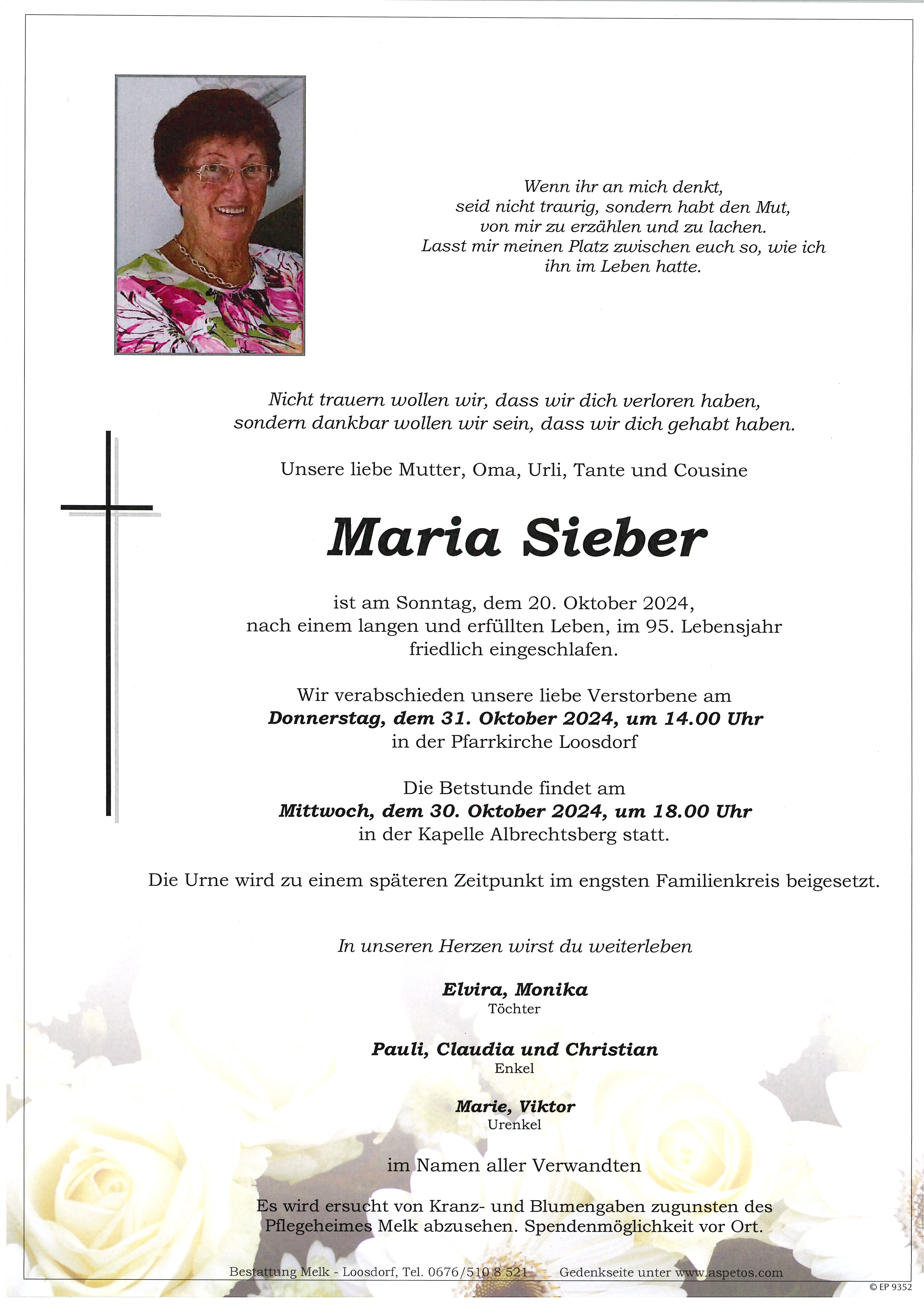 Traueranzeige von Maria Sieber