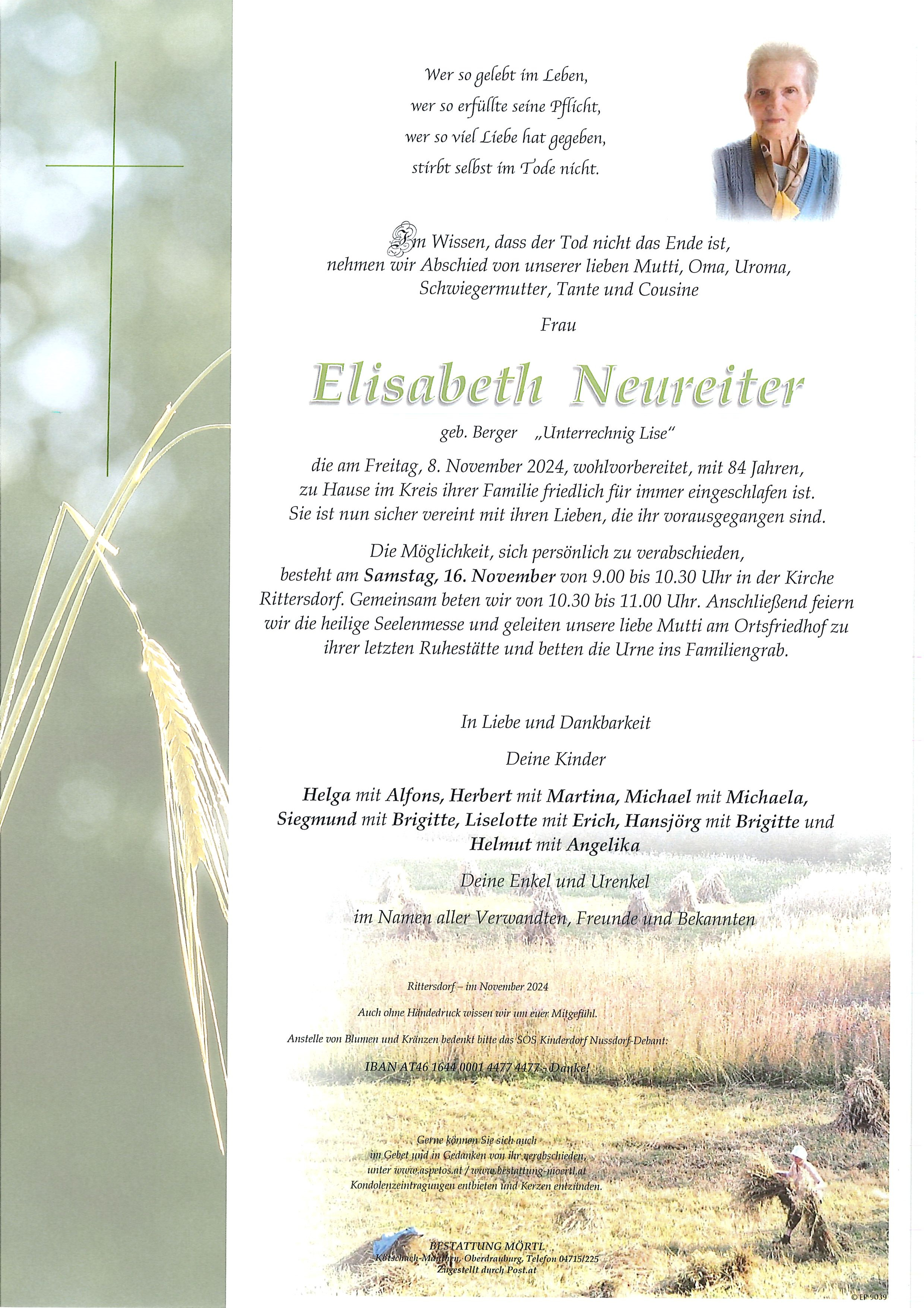Traueranzeige von Elisabeth Neureiter