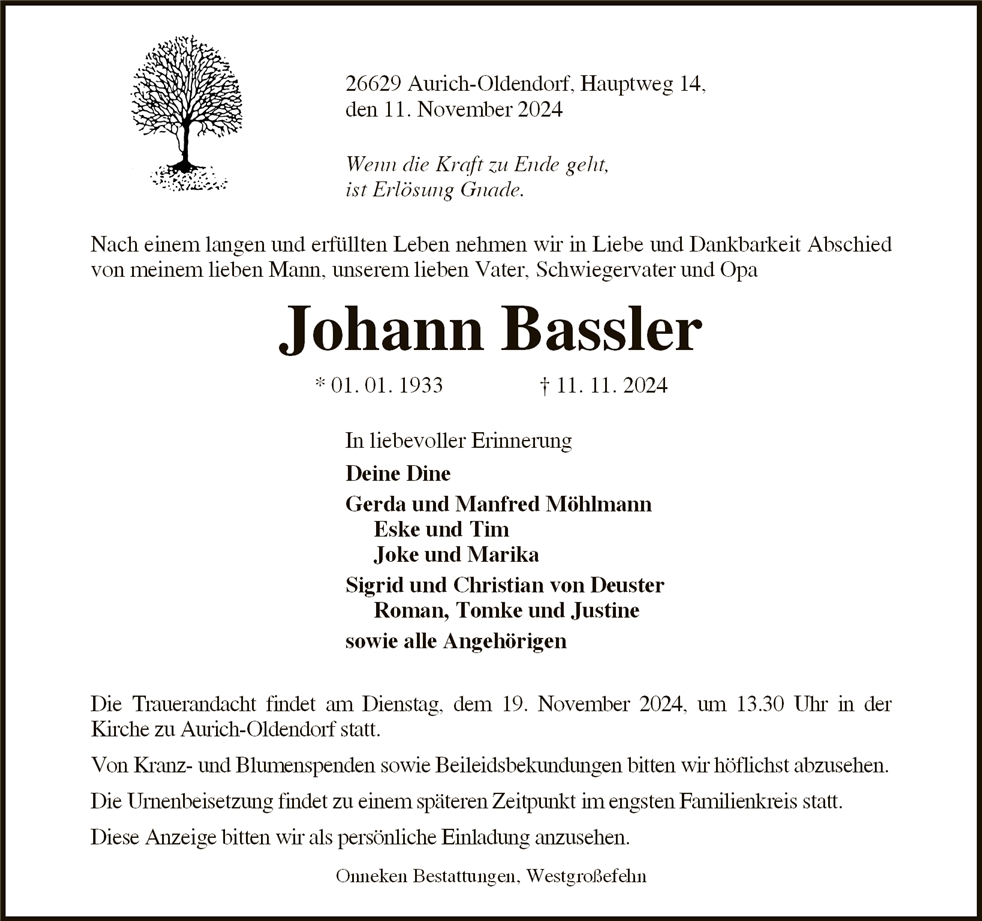 Traueranzeige von Johann Bassler