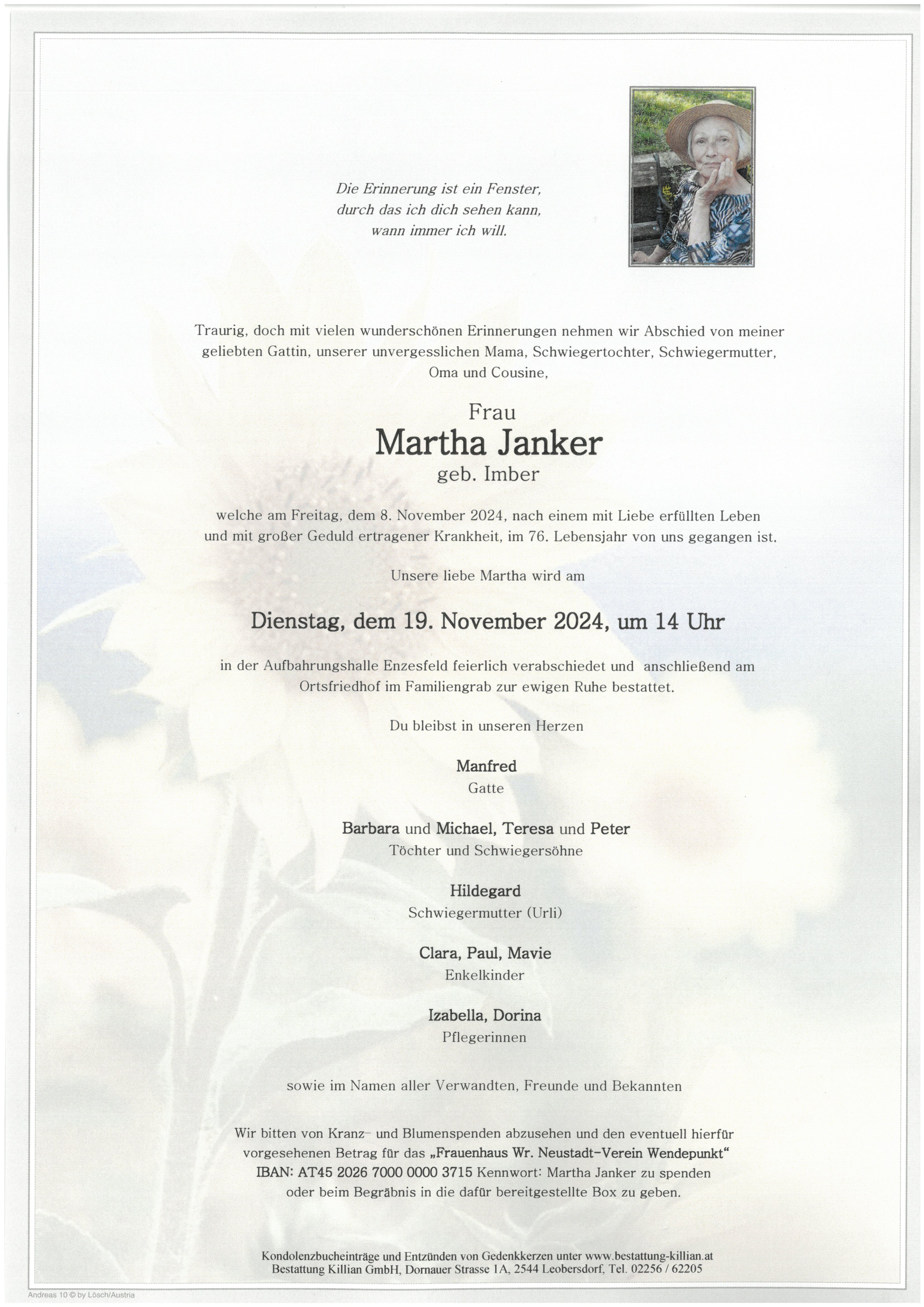 Traueranzeige von Martha Janker