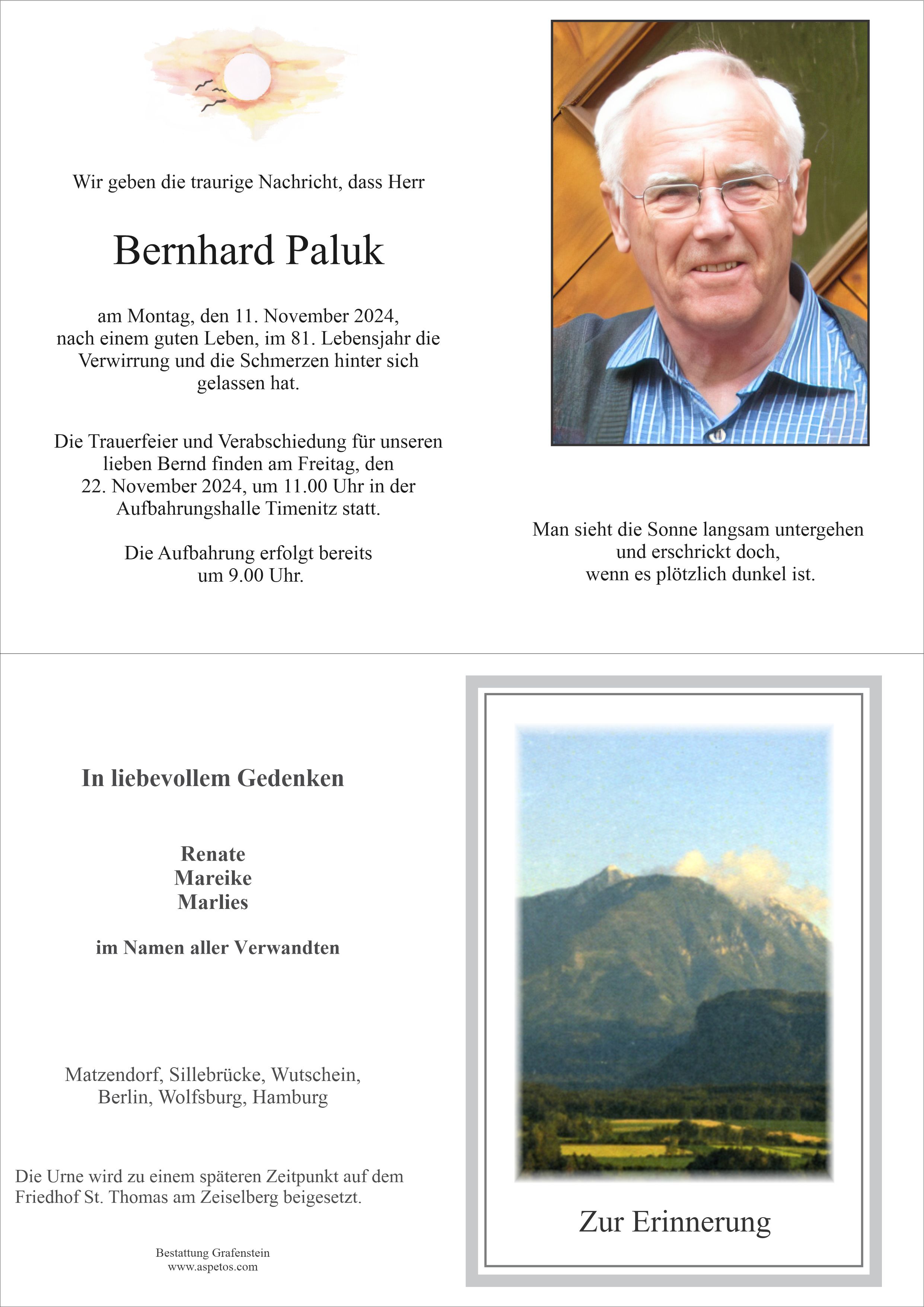 Traueranzeige von Bernhard Paluk