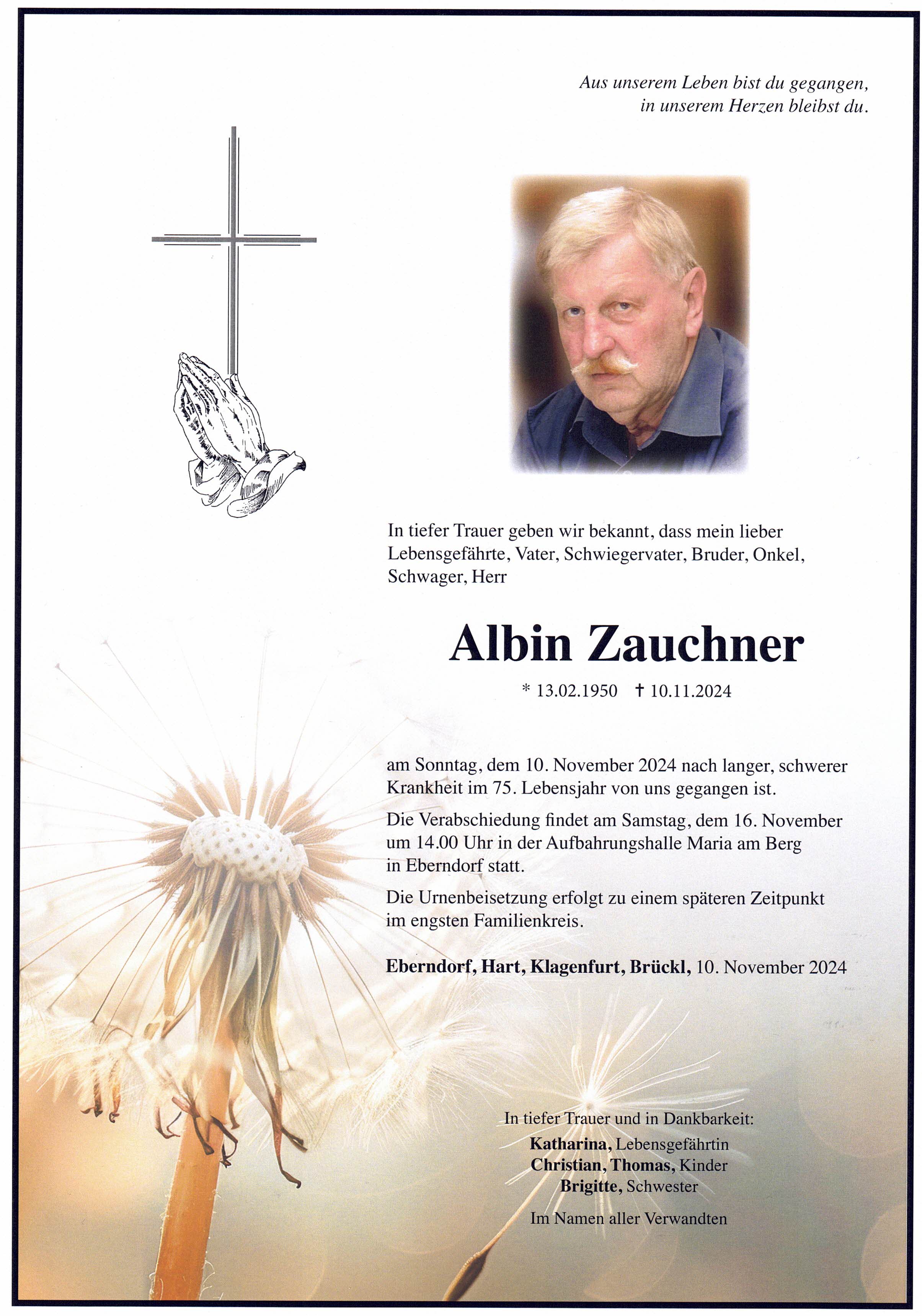 Traueranzeige von Albin Zauchner
