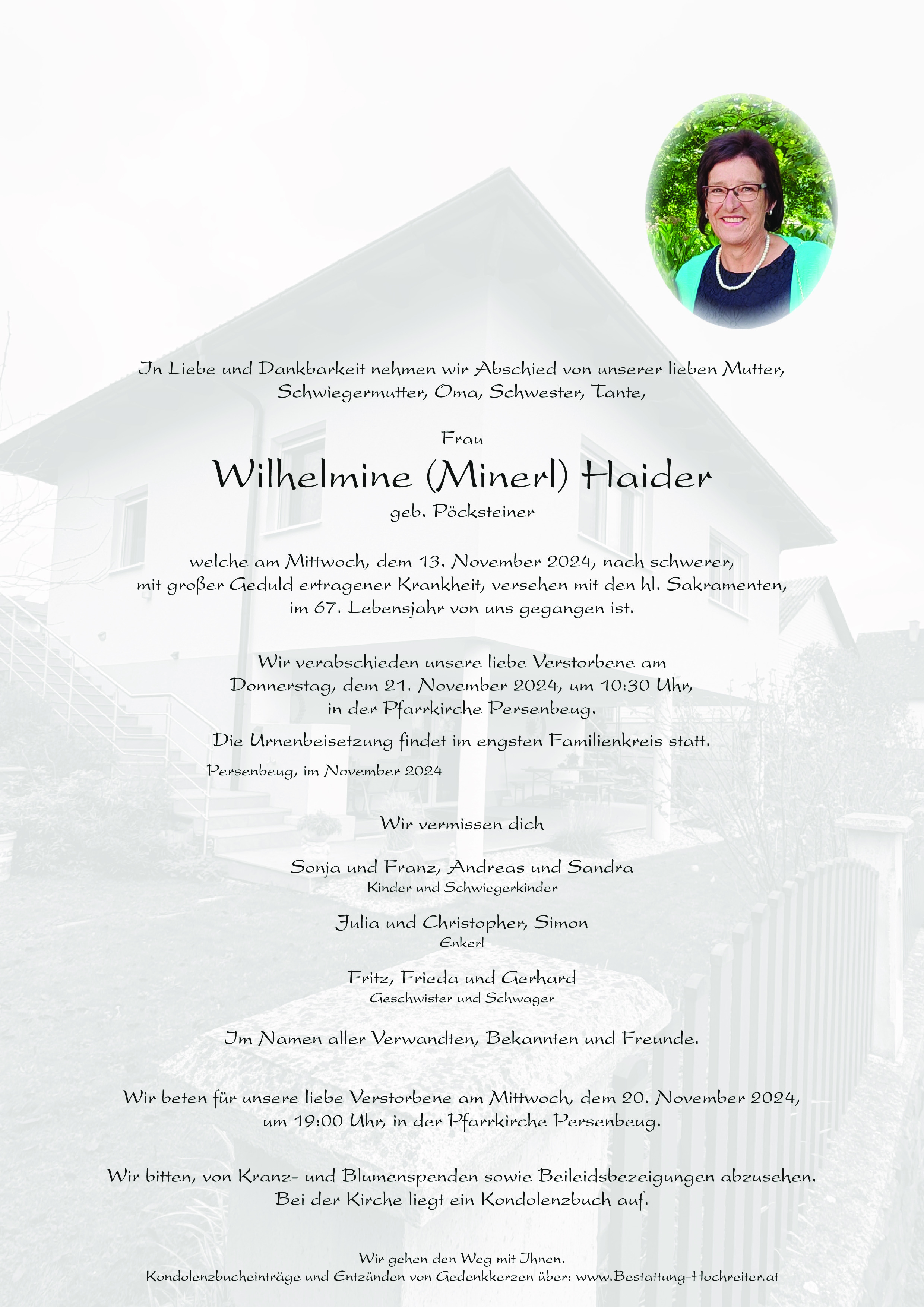 Traueranzeige von Wilhelmine Haider
