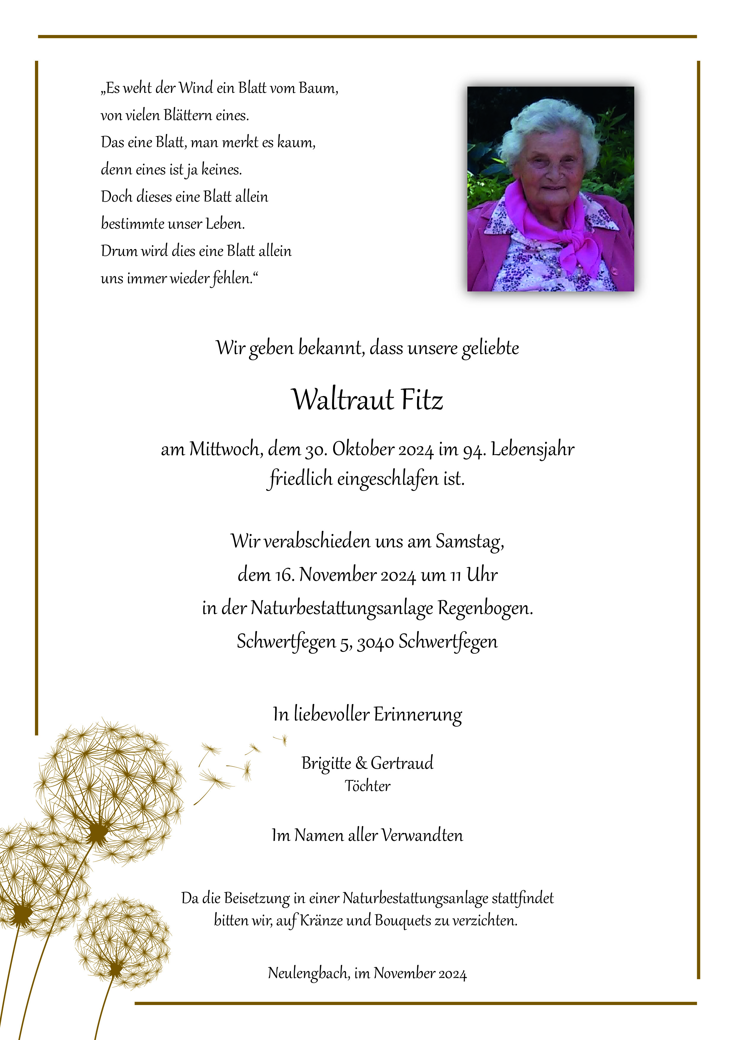 Traueranzeige von Waltraut Fitz