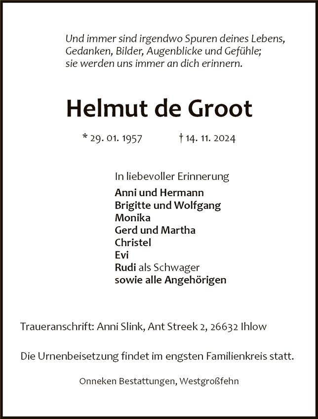 Traueranzeige von Helmut de Groot