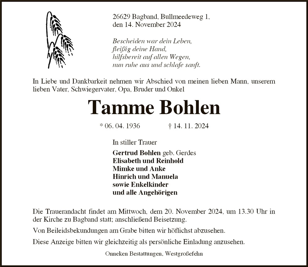 Traueranzeige von Tamme Bohlen