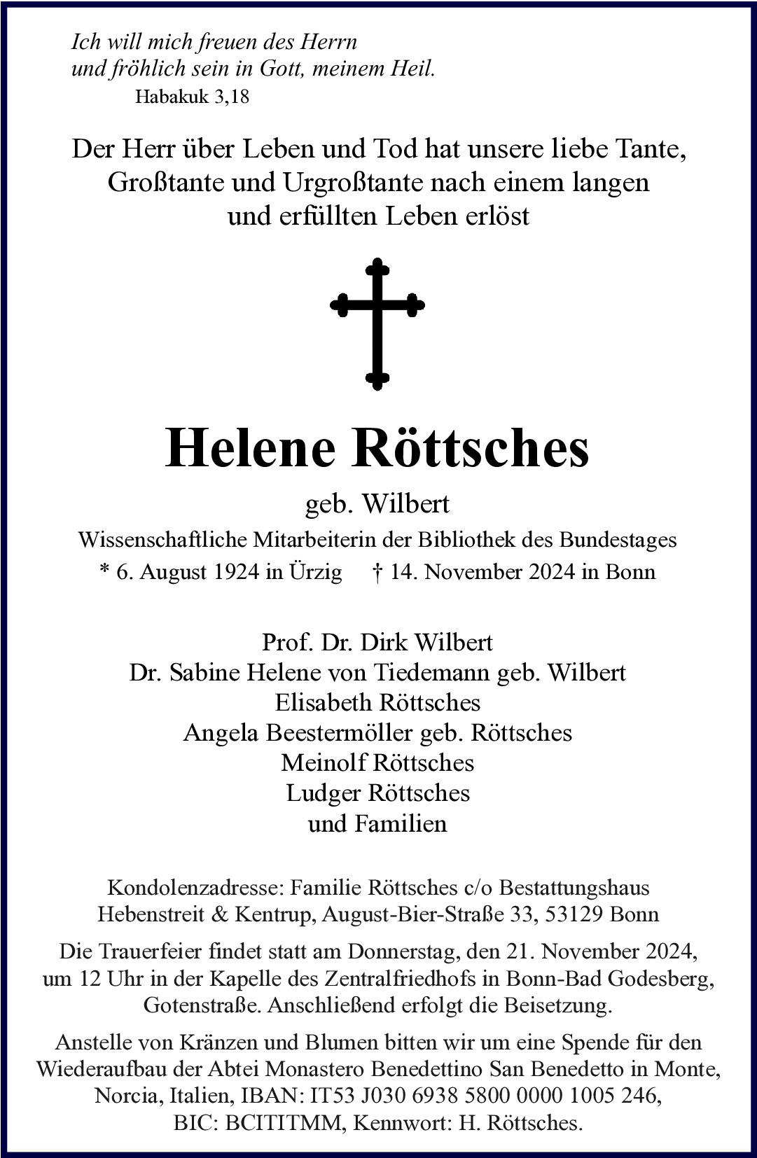 Traueranzeige von Helene Röttsches