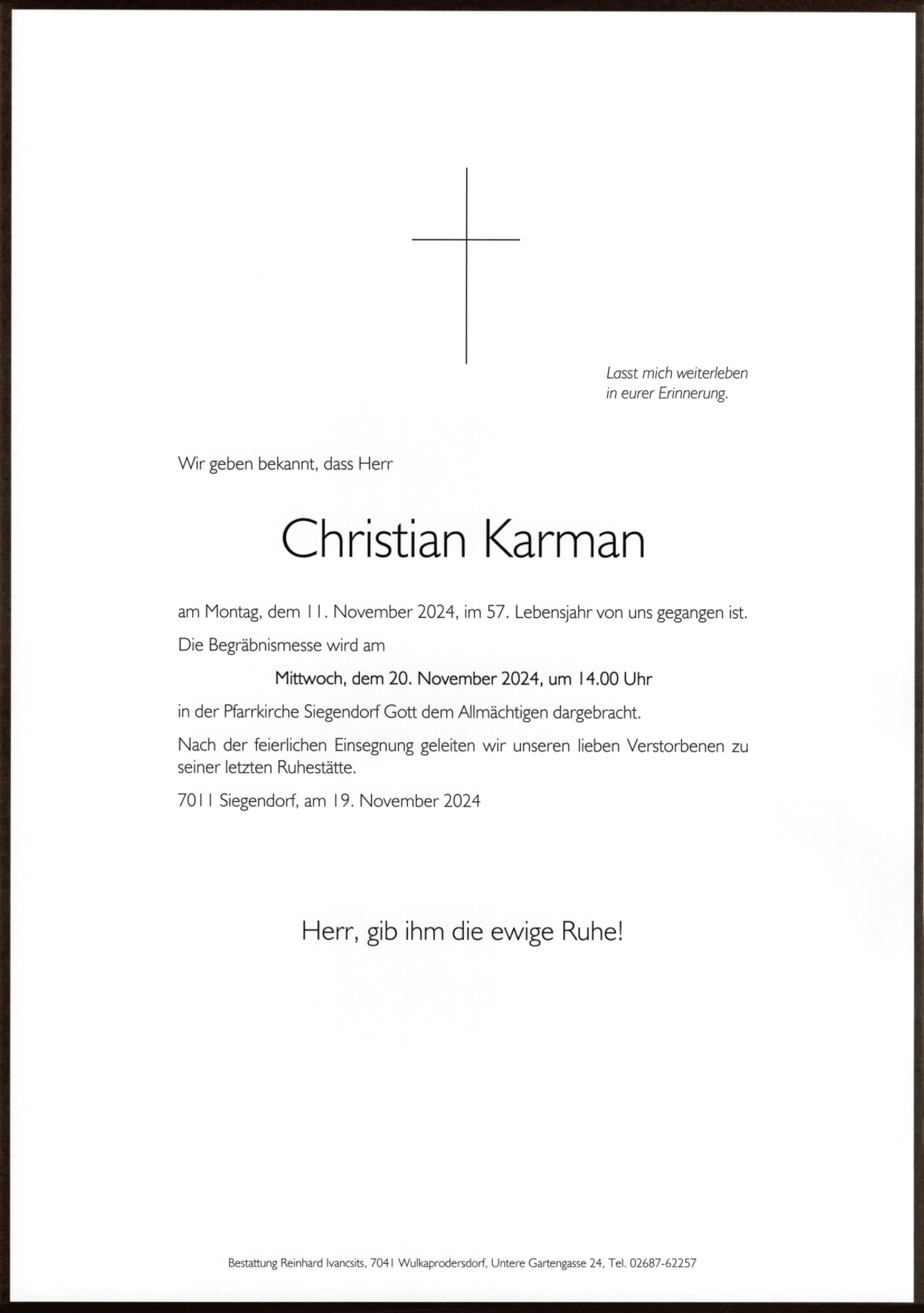 Traueranzeige von Christian Karman