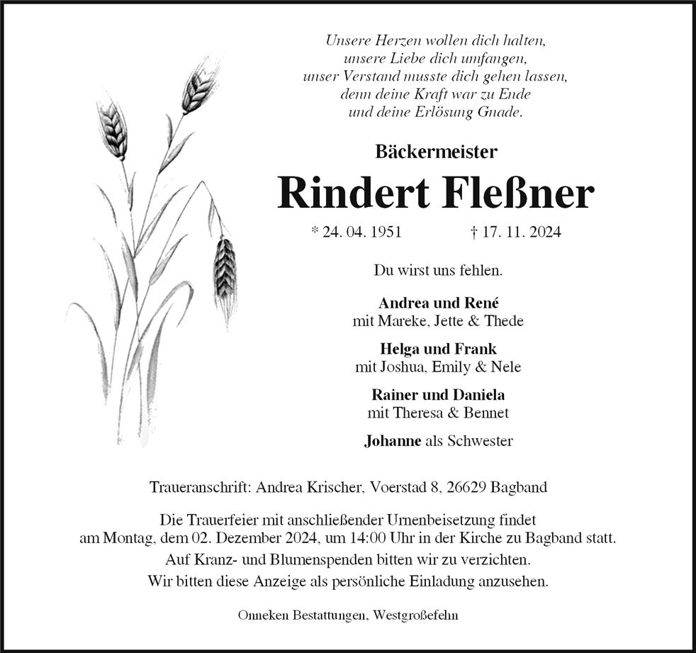 Traueranzeige von Rindert Fleßner