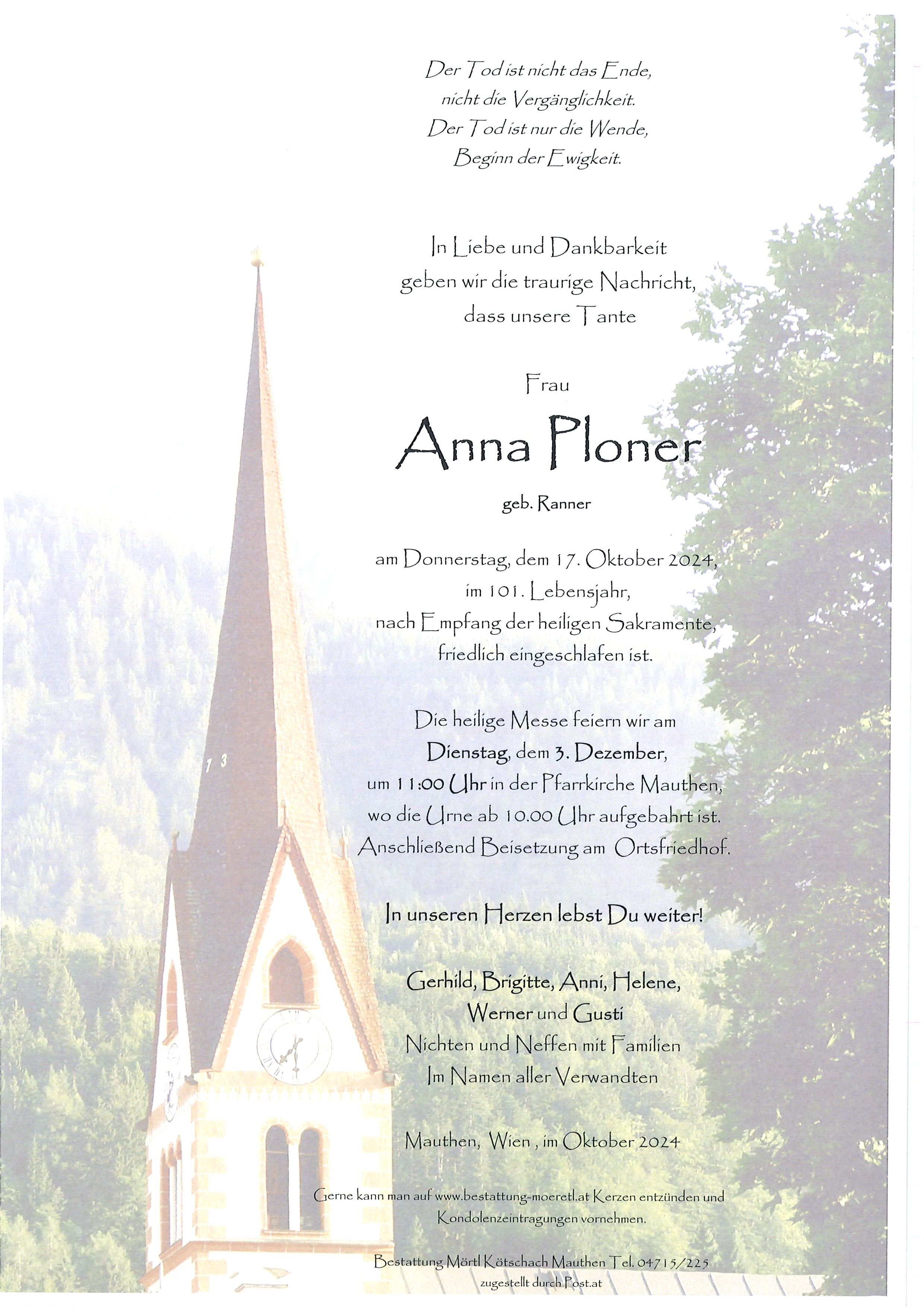 Traueranzeige von Anna Ploner