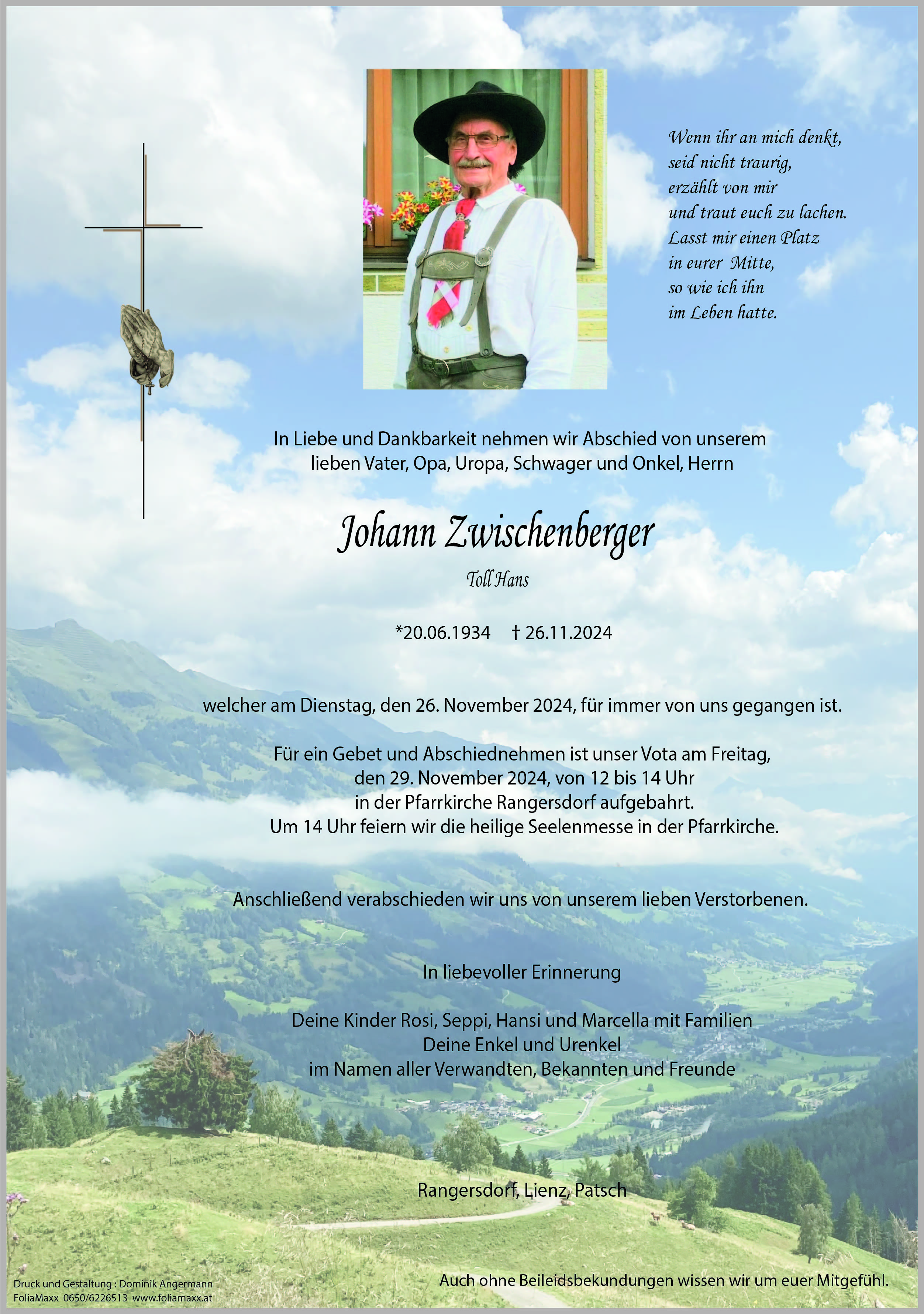 Traueranzeige von Johann Zwischenberger