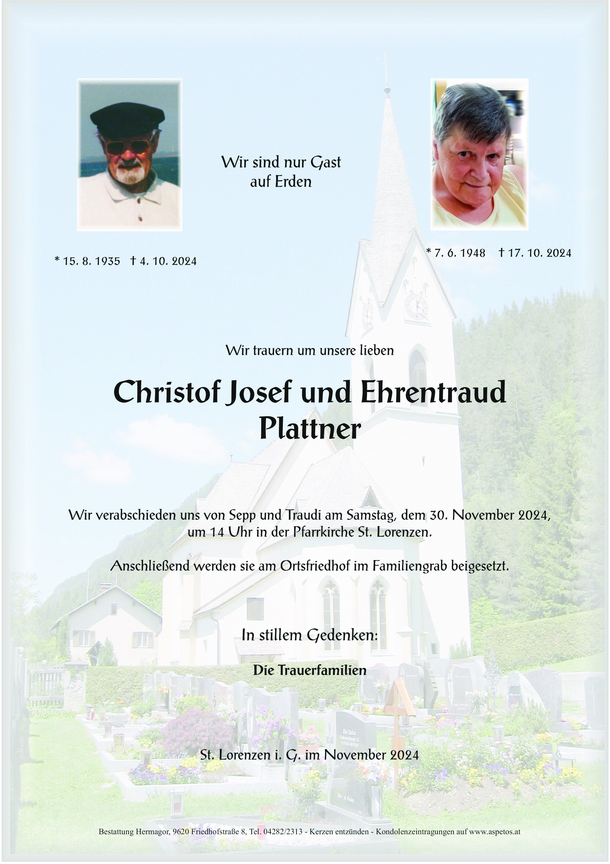Traueranzeige von Josef und Ehrentraud Plattner