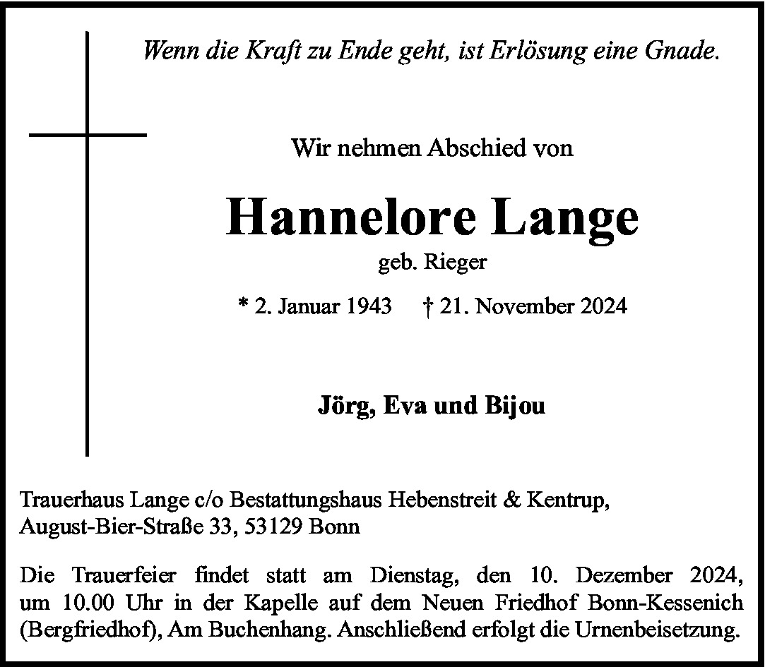 Traueranzeige von Hannelore Lange