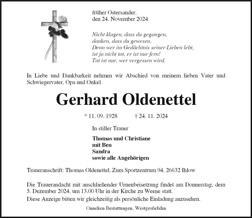 Traueranzeige von Gerhard Oldenettel