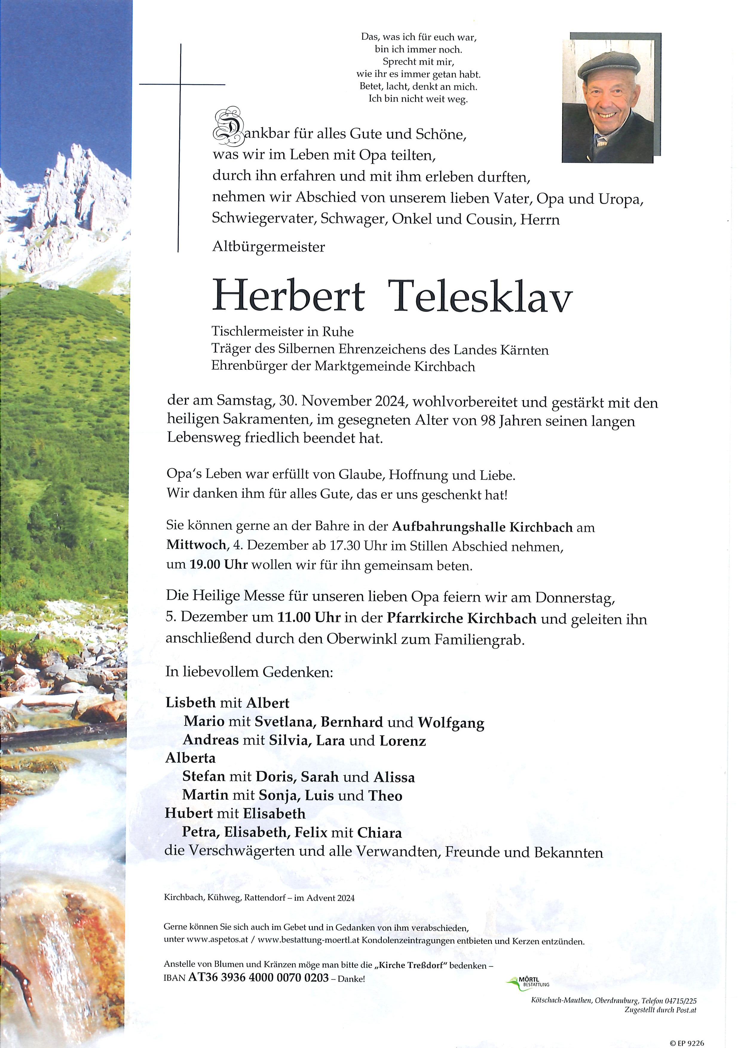 Traueranzeige von Herbert Telesklav