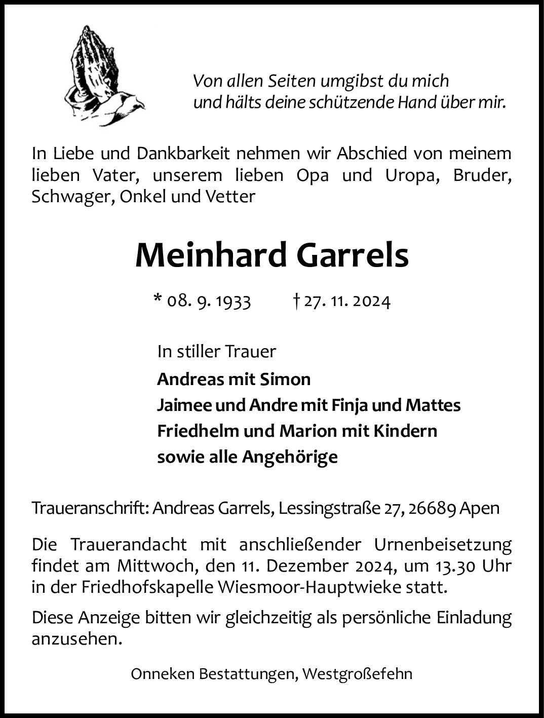 Traueranzeige von Meinhard Garrels