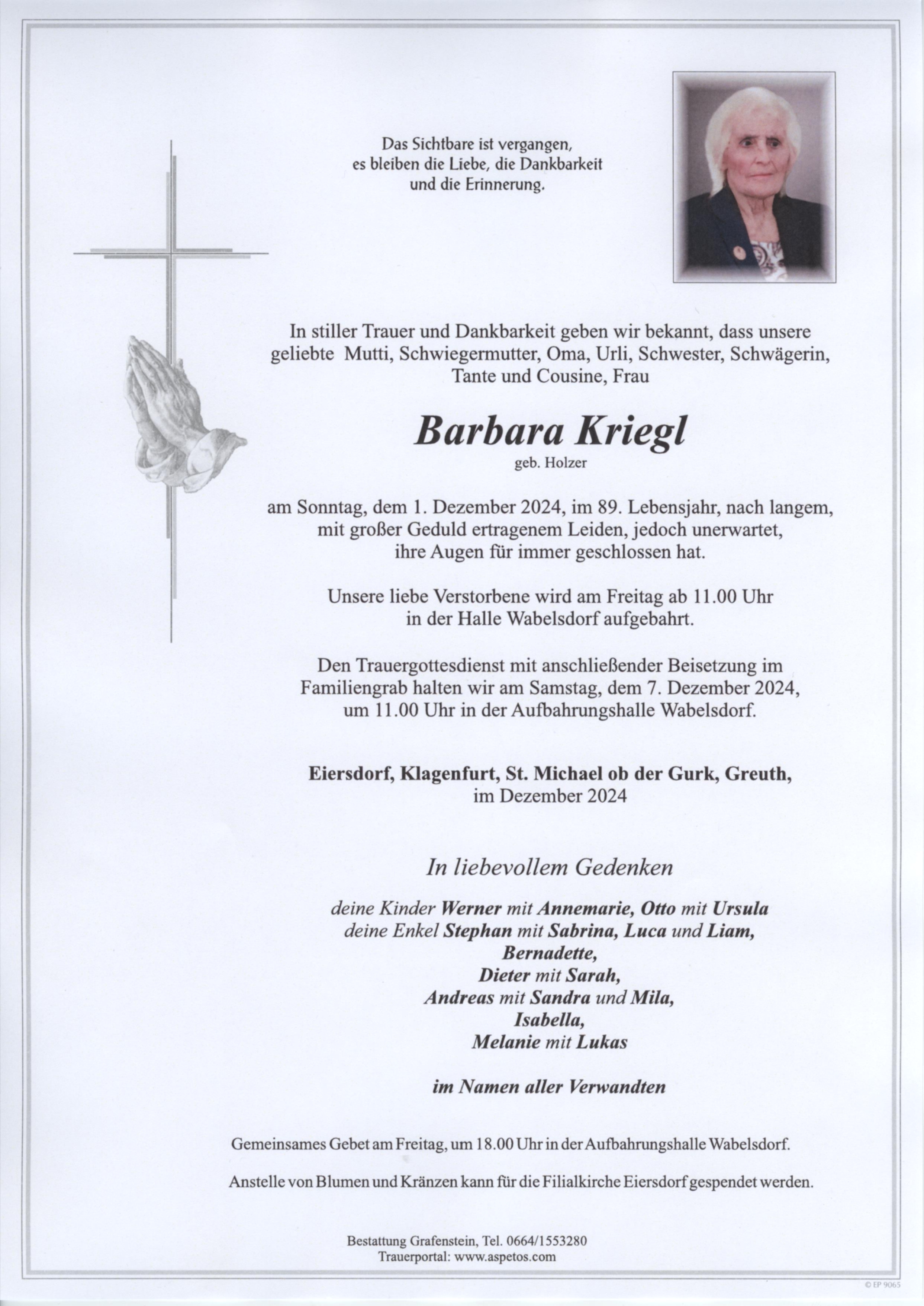 Traueranzeige von Barbara Kriegl