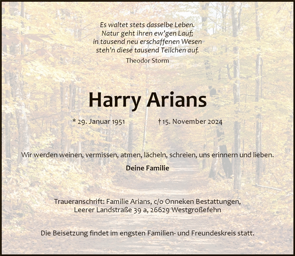 Traueranzeige von Harry Arians