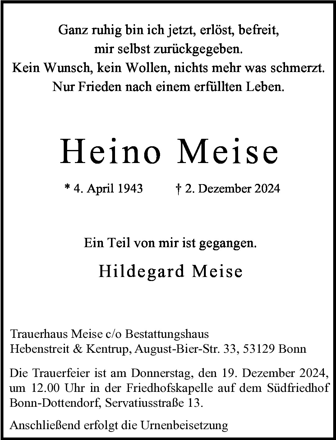 Traueranzeige von Heino Meise
