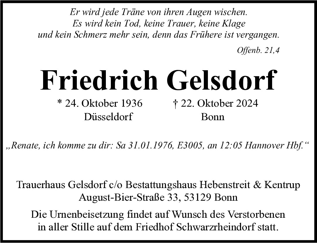 Traueranzeige von Friedrich Gelsdorf