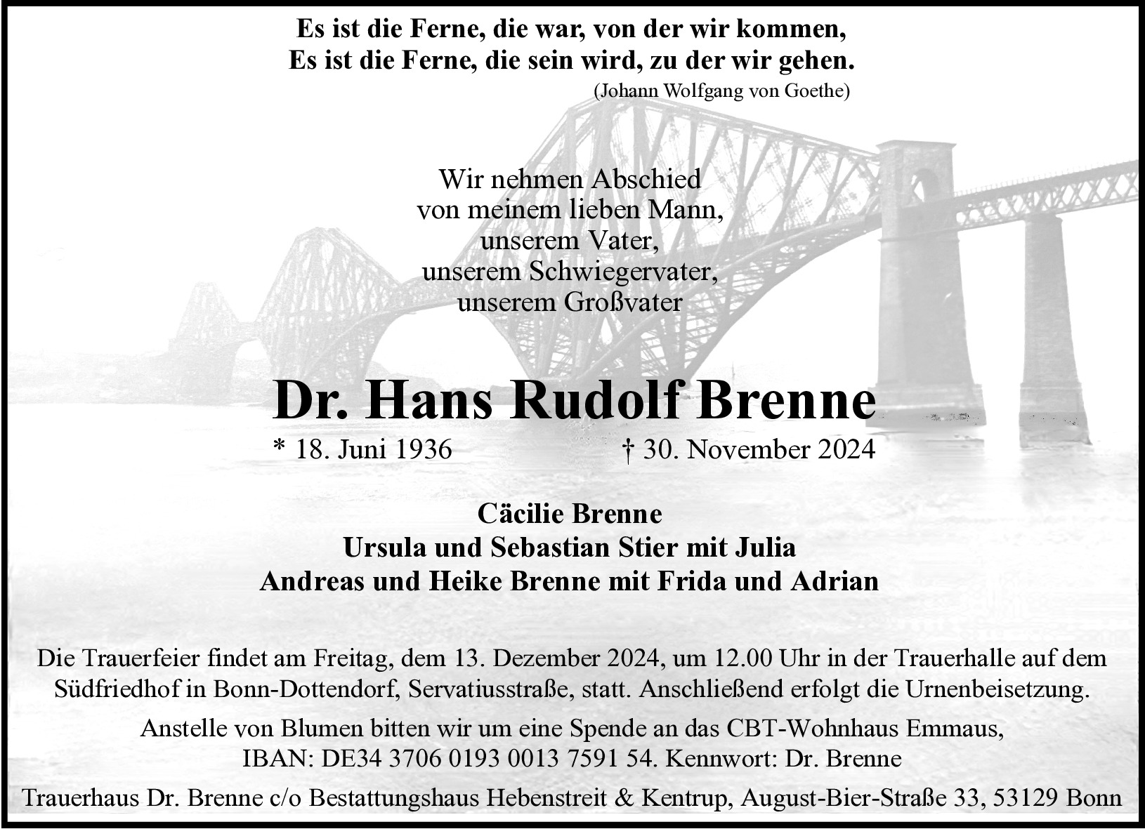 Traueranzeige von Hans Rudolf Brenne