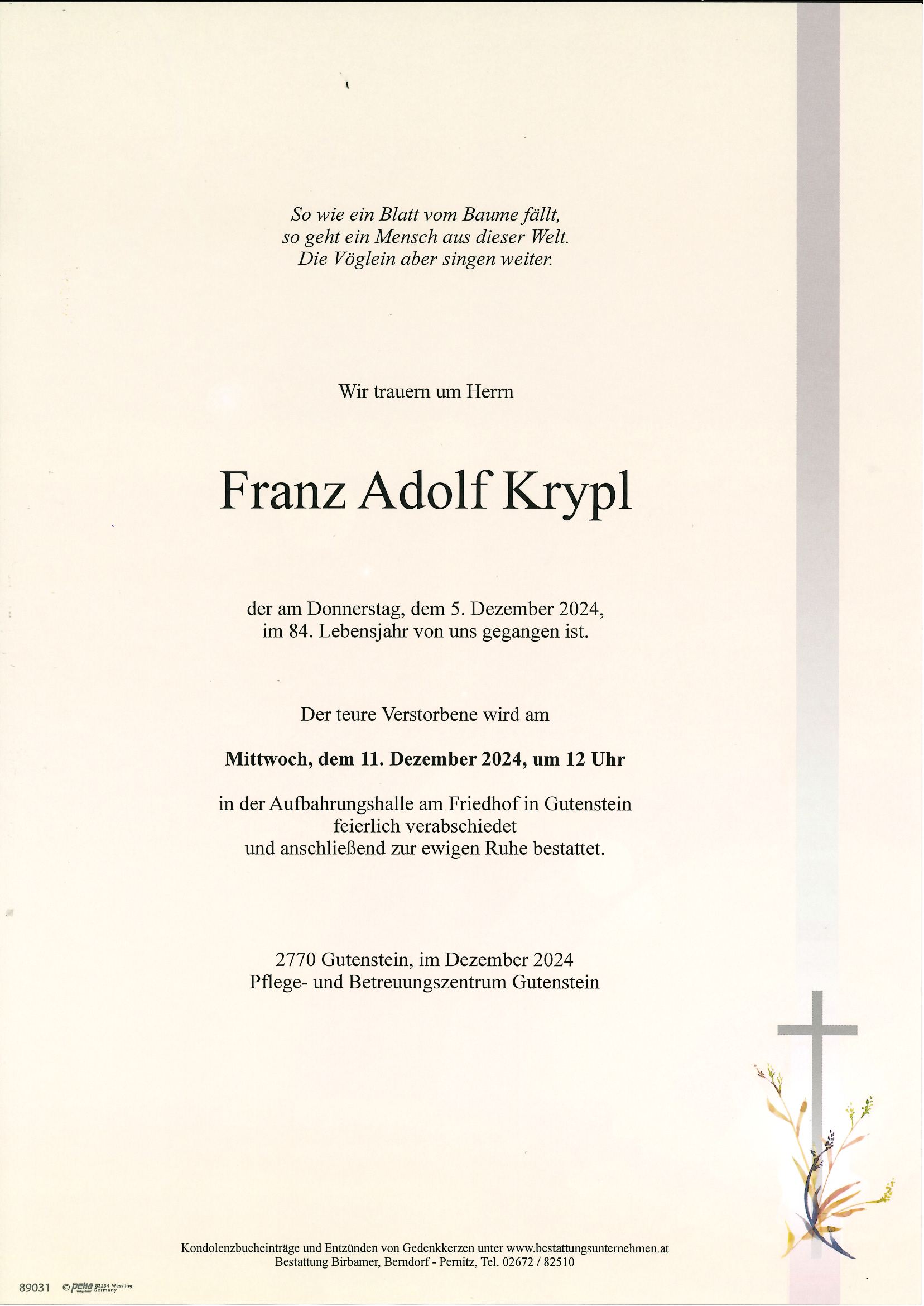 Traueranzeige von Franz Adolf Krypl