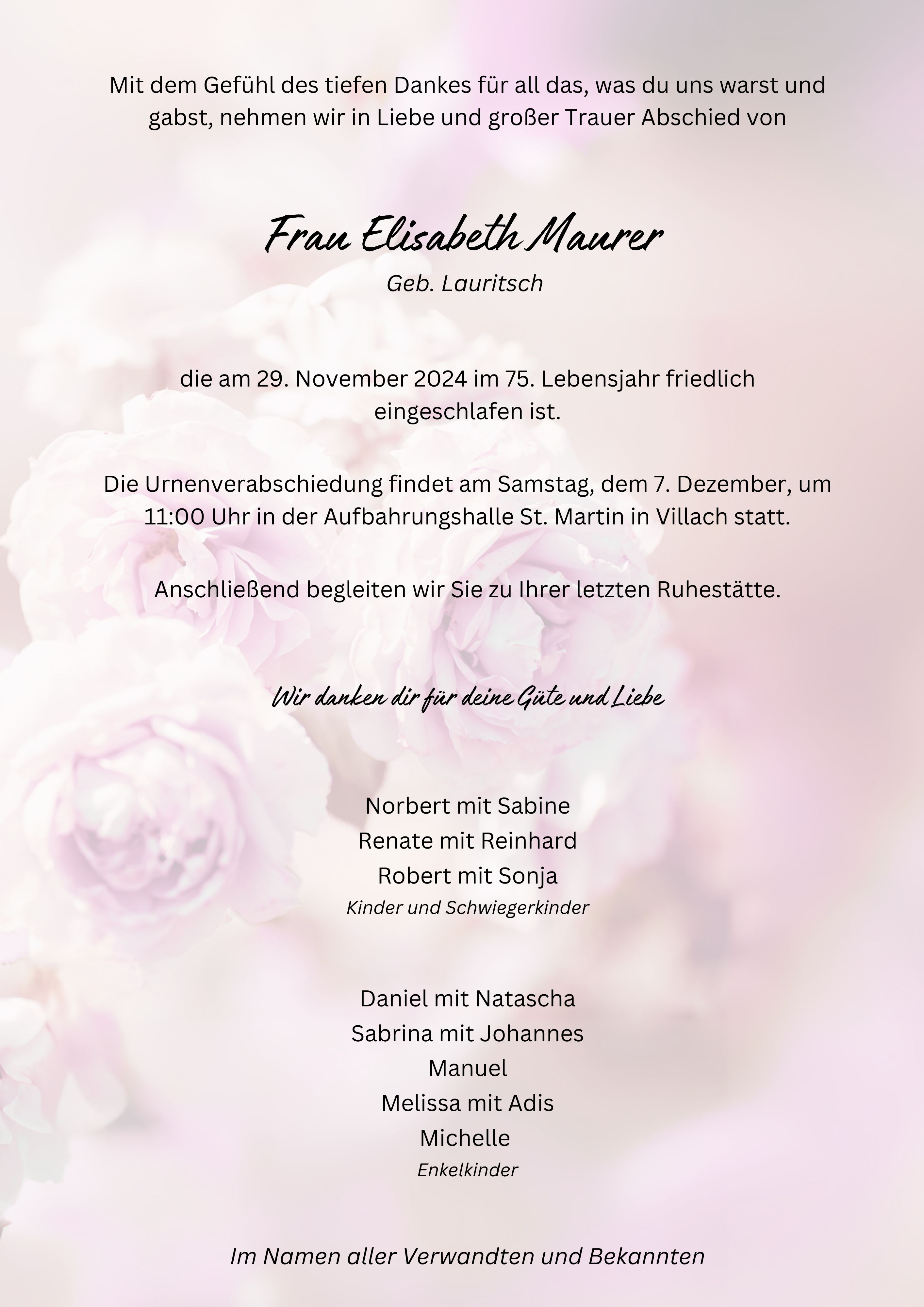 Traueranzeige von Elisabeth Maurer