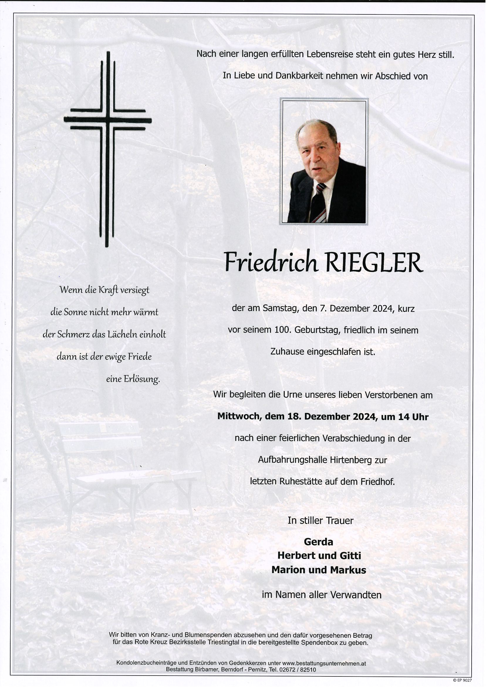 Traueranzeige von Friedrich Riegler