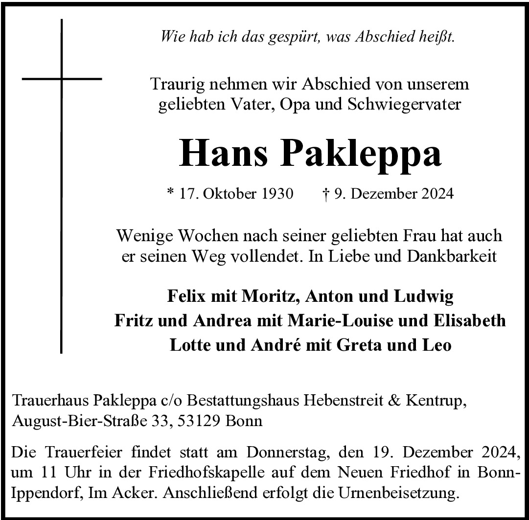 Traueranzeige von Hans Pakleppa