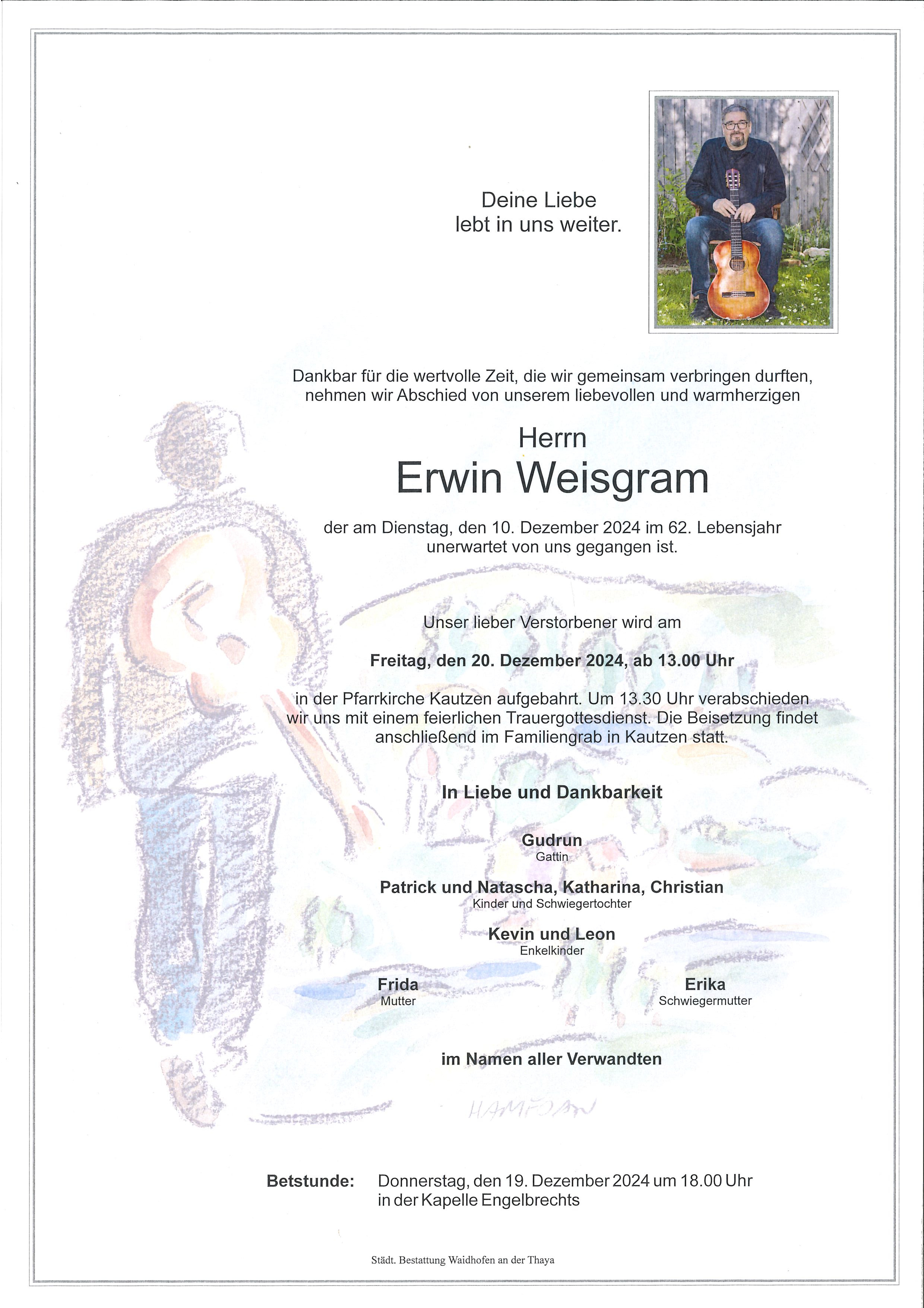 Traueranzeige von Erwin Weisgram