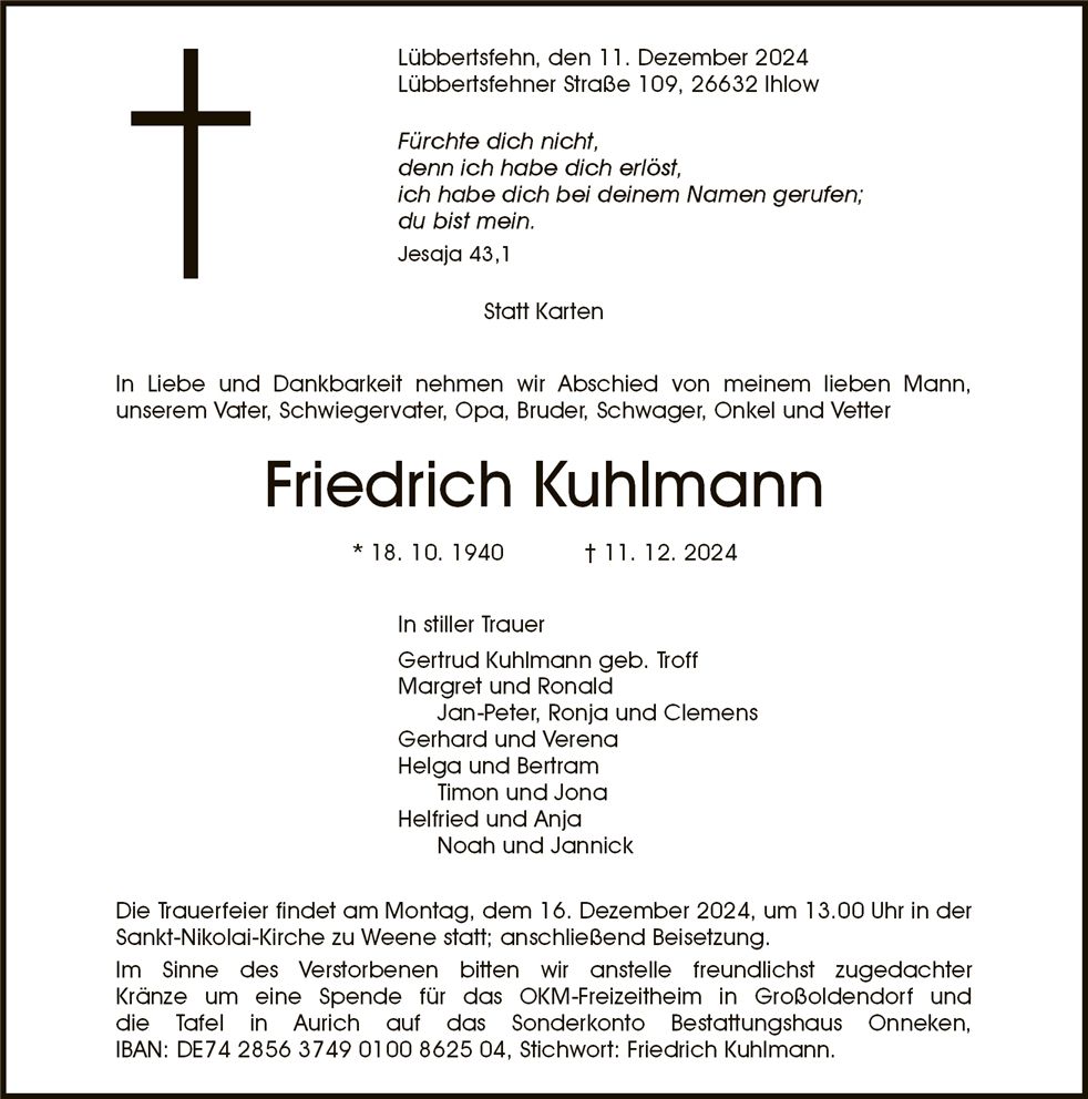 Traueranzeige von Friedrich Kuhlmann
