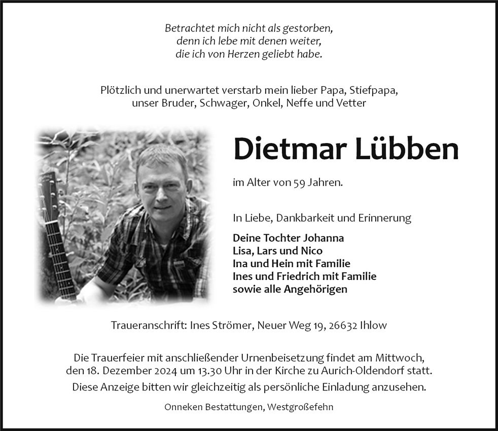 Traueranzeige von Dietmar Lübben