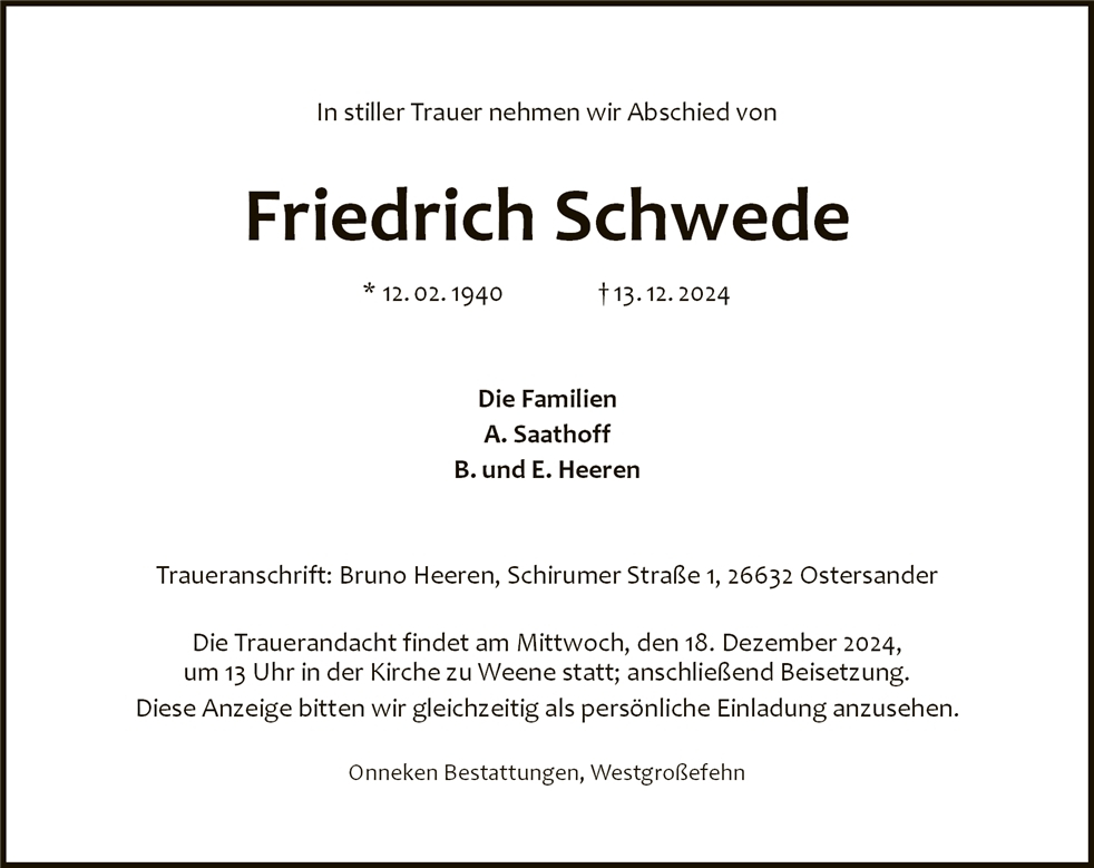 Traueranzeige von Friedrich Schwede