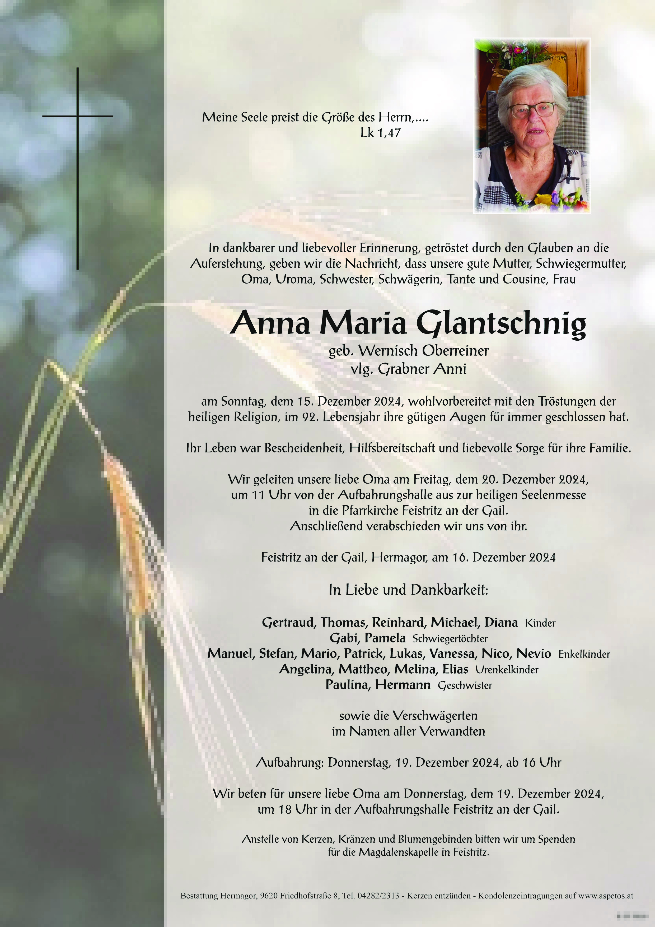 Traueranzeige von Anna Maria Glantschnig