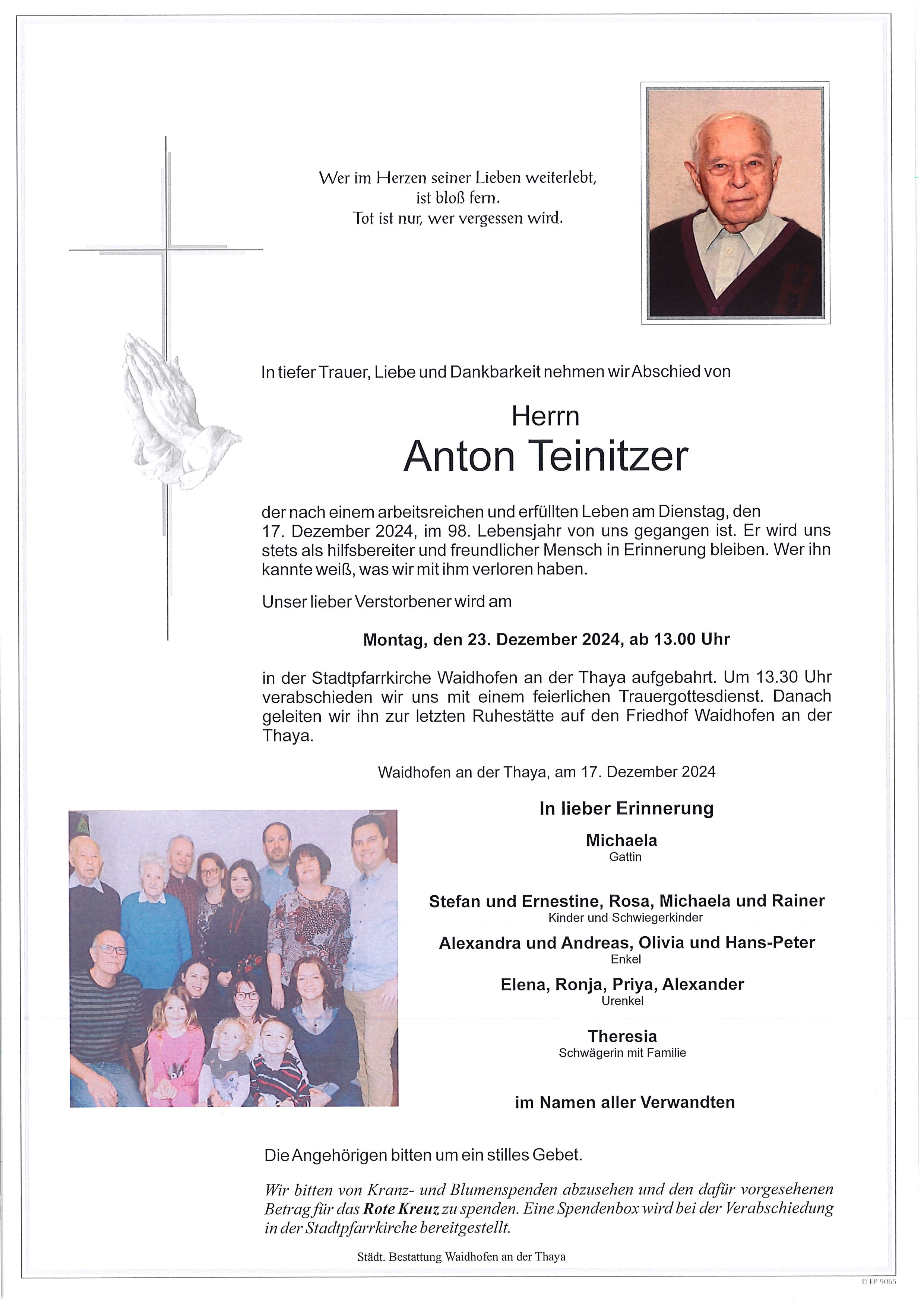 Traueranzeige von Anton Teinitzer