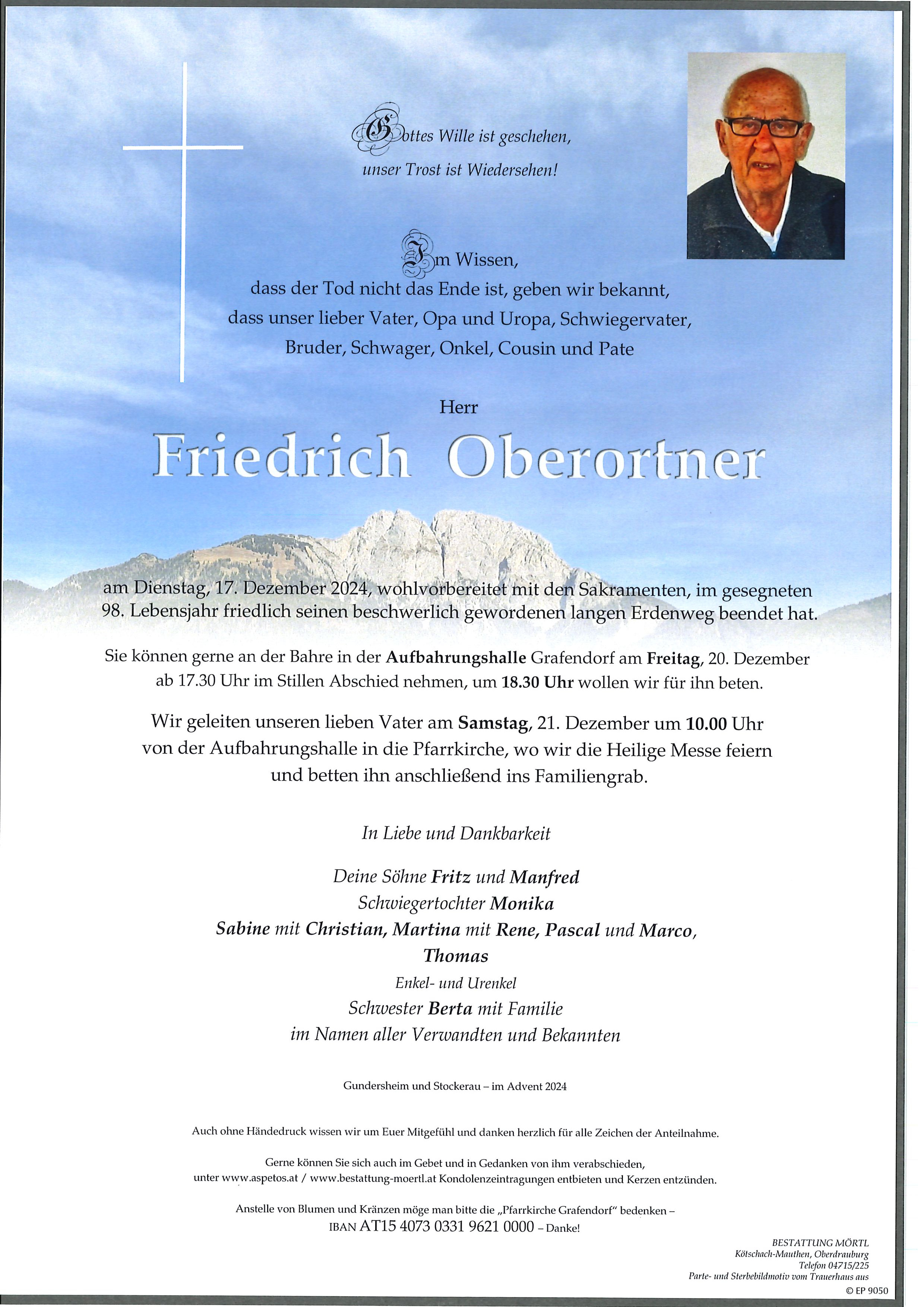 Traueranzeige von Friedrich Oberortner