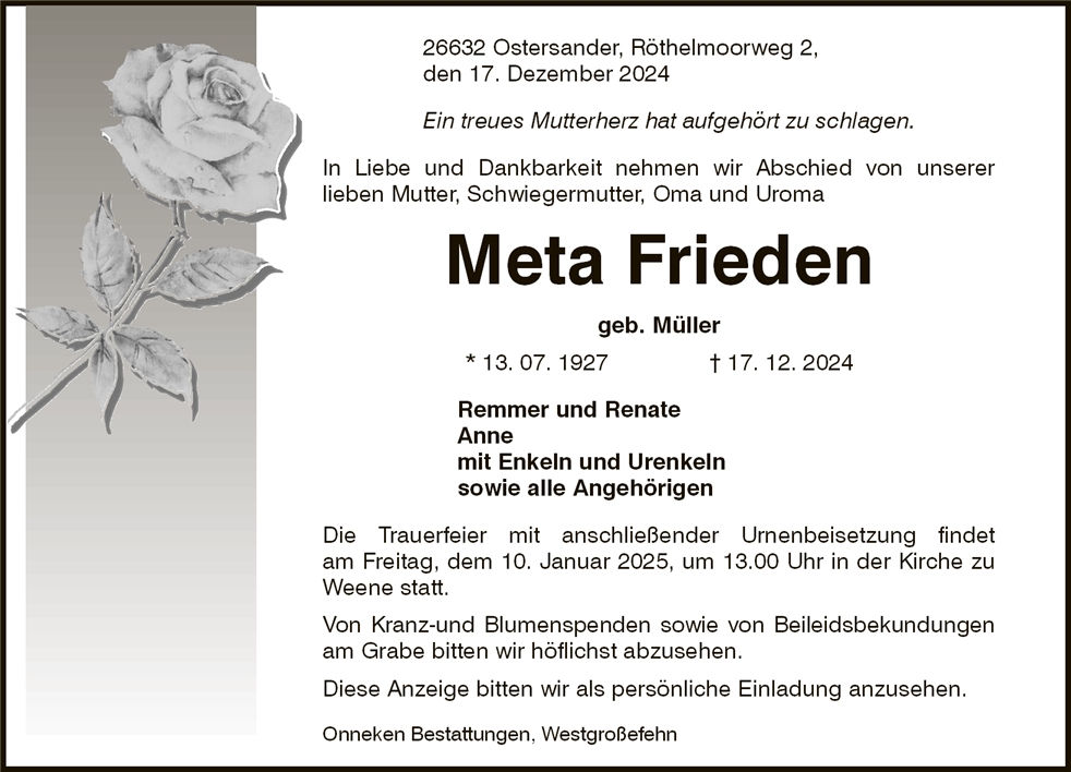 Traueranzeige von Meta Frieden