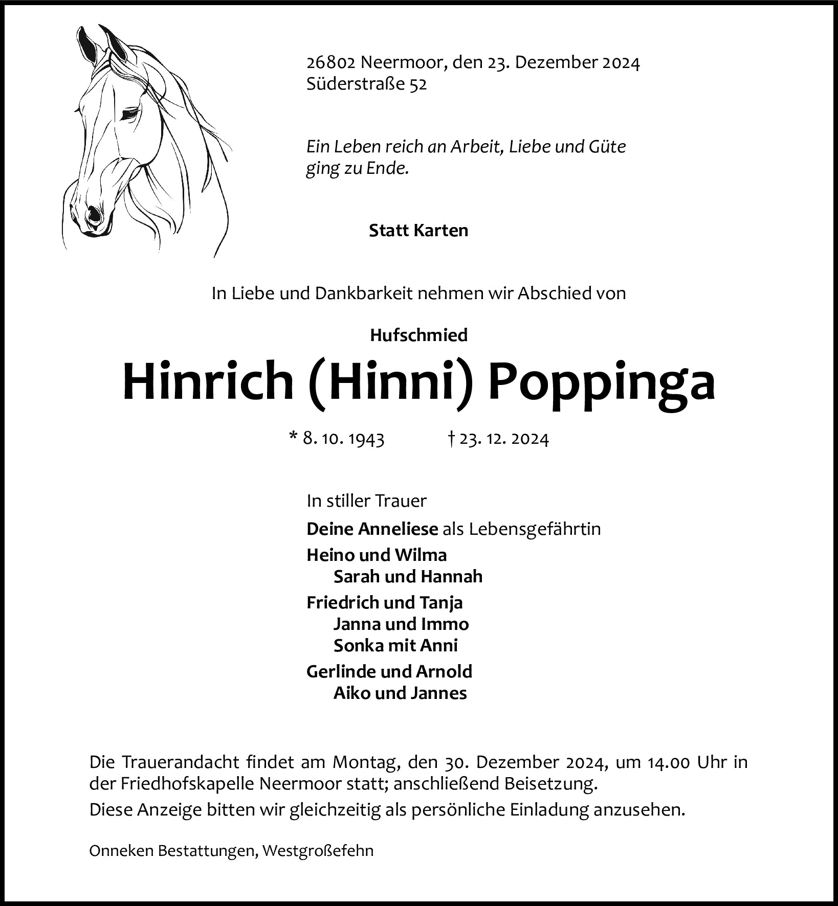 Traueranzeige von Hufschmied Hinrich Poppinga