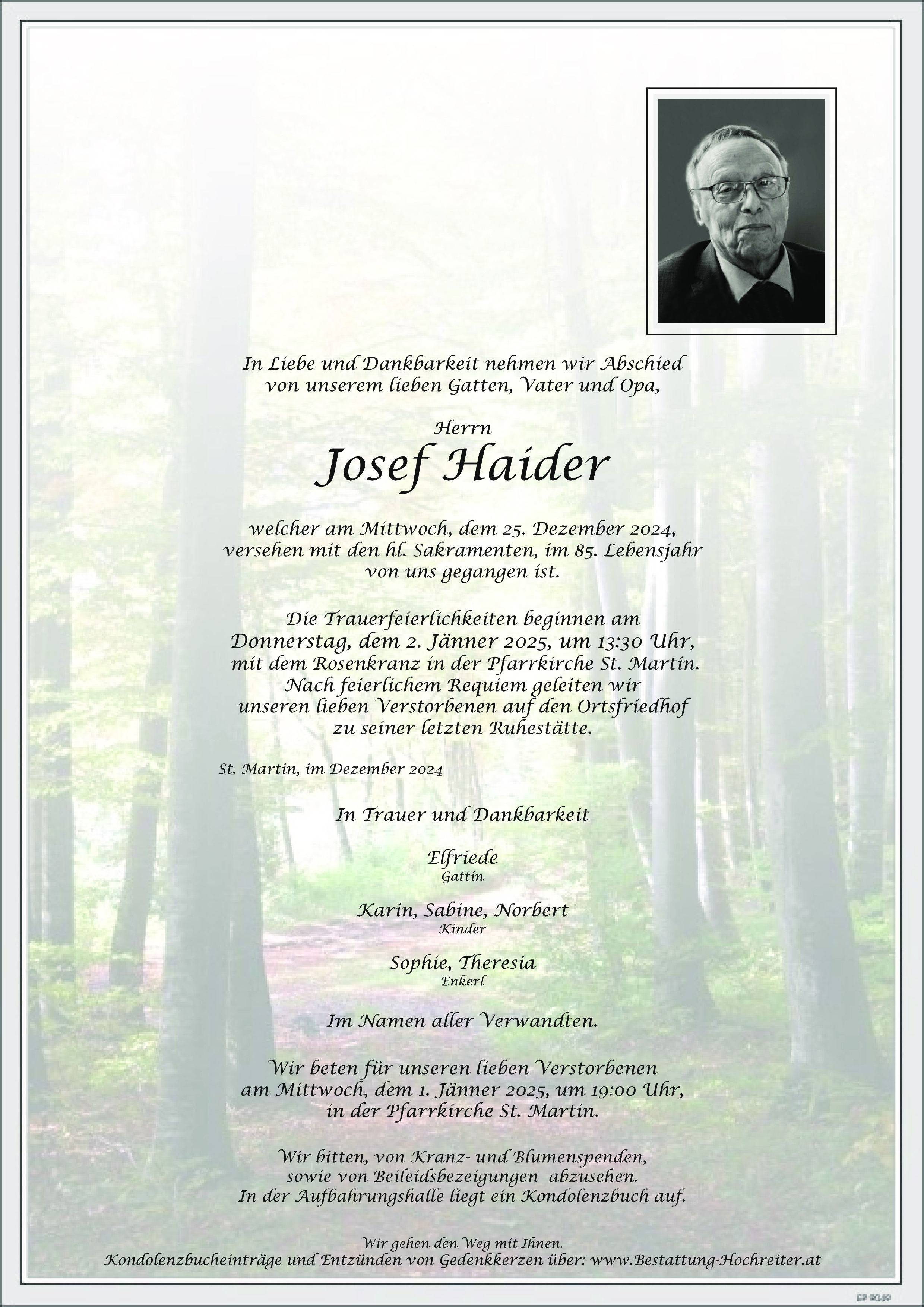 Traueranzeige von Josef Haider